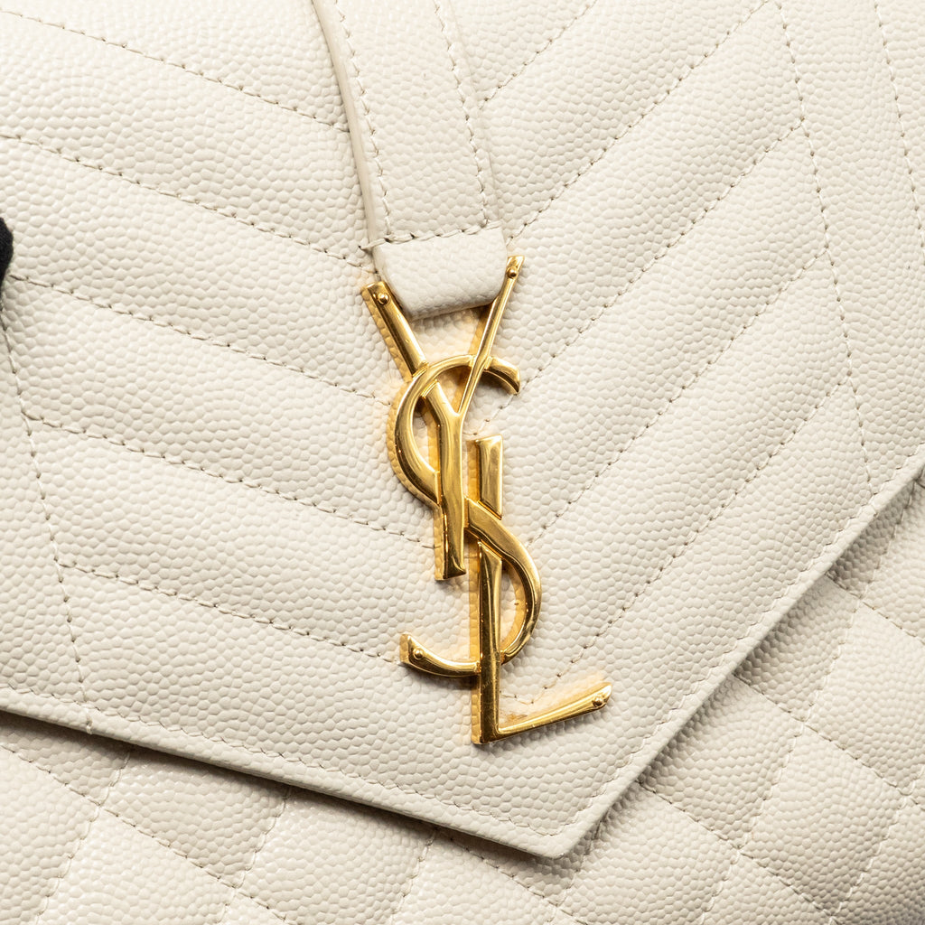 SAINT LAURENT ENVELOPE FLAP POUCH GRAINED CALFSKIN BLANC VINTAGE GHW