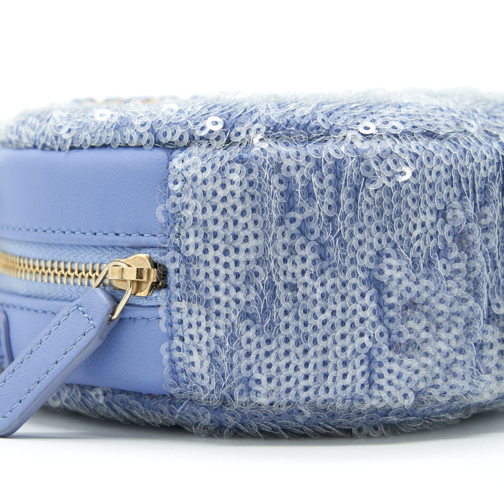CHANEL 19 ROUND CLUTCH WITH CHAINS SEQUINS LIGHT BLUE MULTICOLOUR HARDWARE
