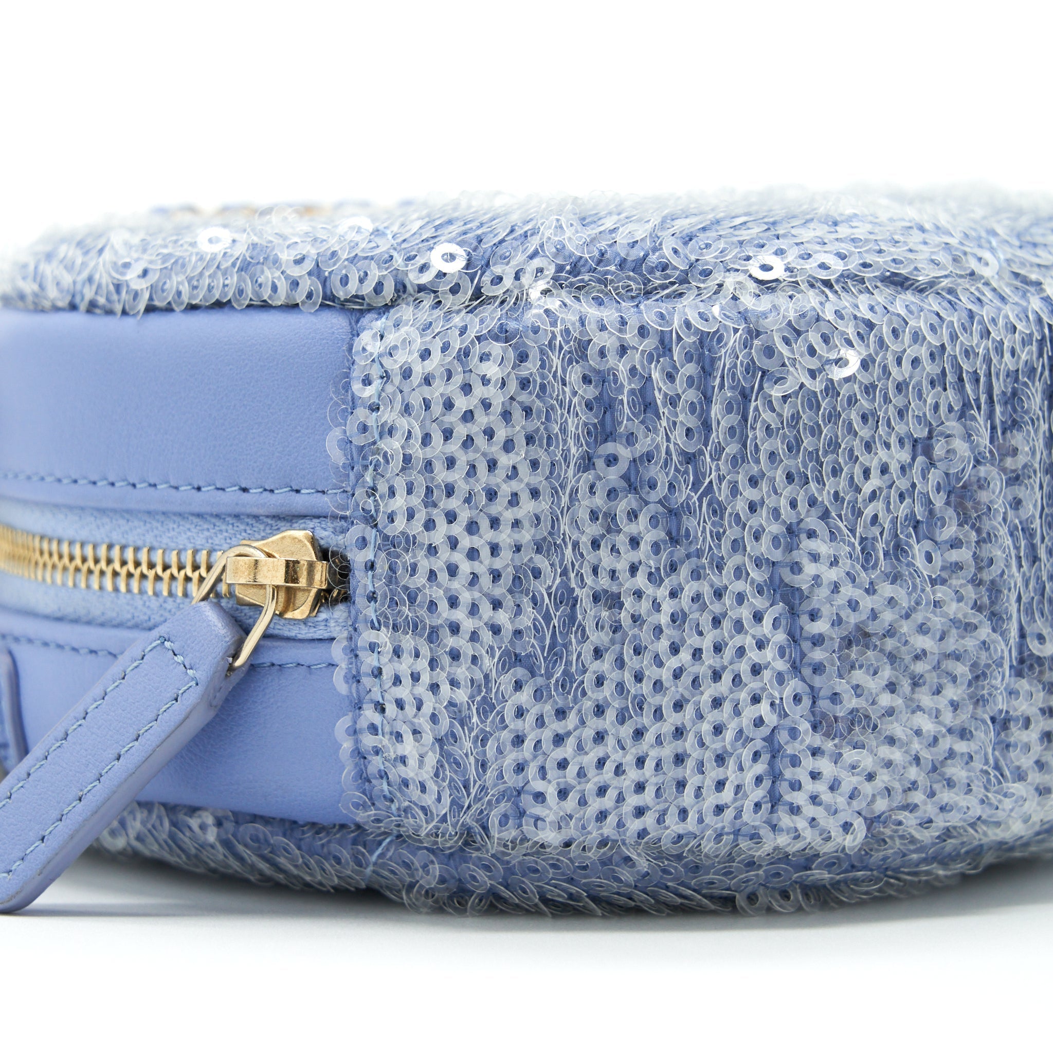 CHANEL 19 ROUND CLUTCH WITH CHAINS SEQUINS LIGHT BLUE MULTICOLOUR HARDWARE