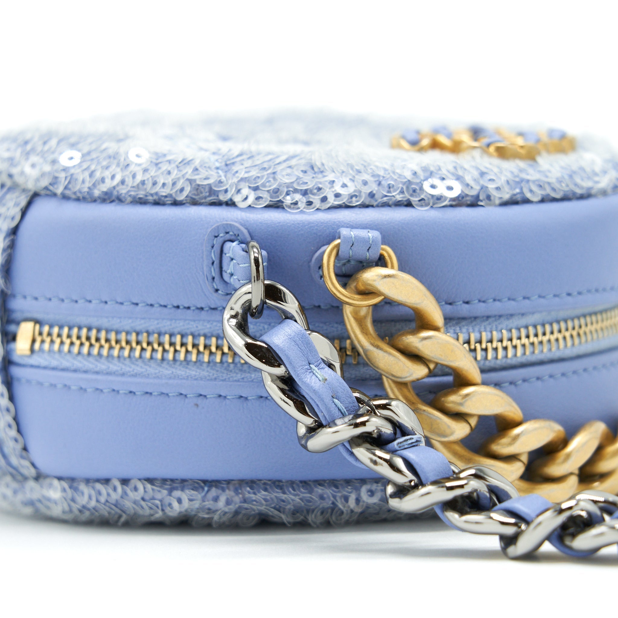 CHANEL 19 ROUND CLUTCH WITH CHAINS SEQUINS LIGHT BLUE MULTICOLOUR HARDWARE