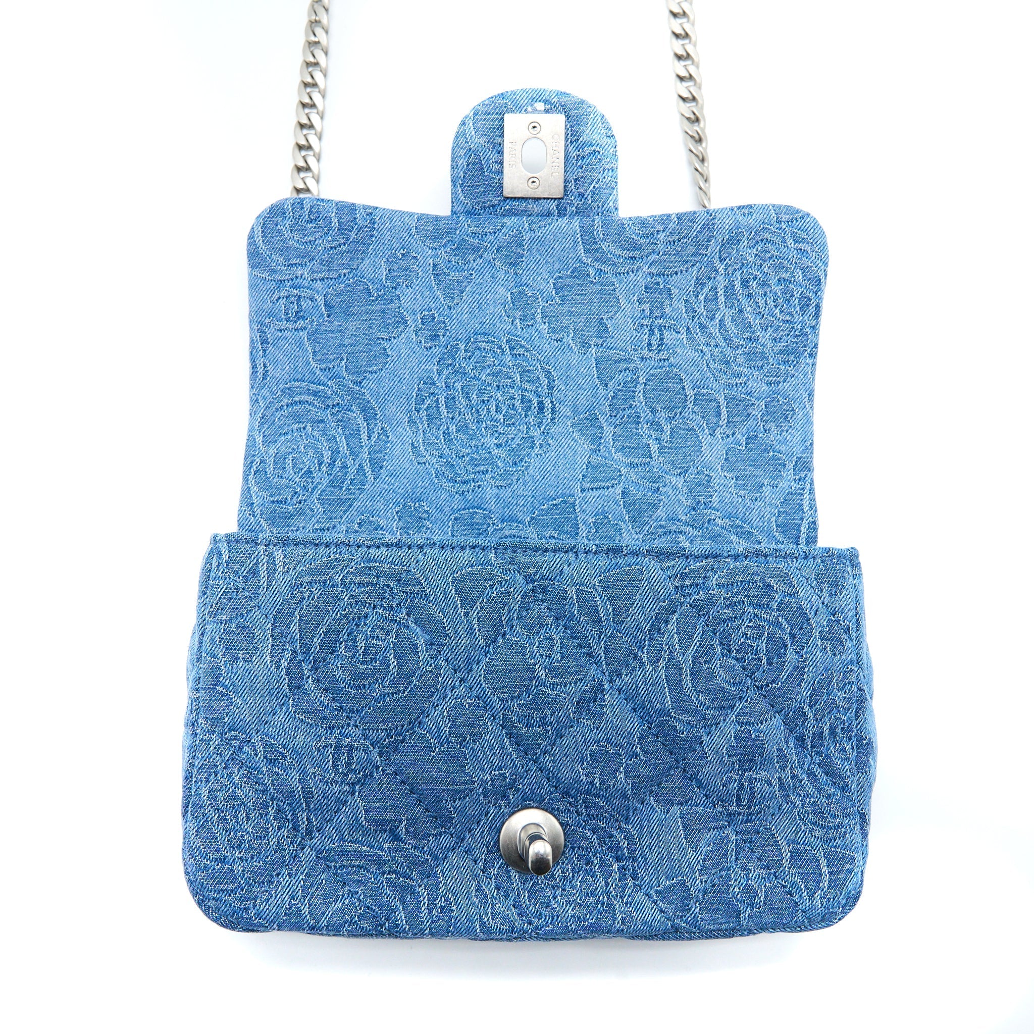 CHANEL COCO LOVE FLAP BAG CAMELLIA DENIM BLUE SHW (MICROCHIP)