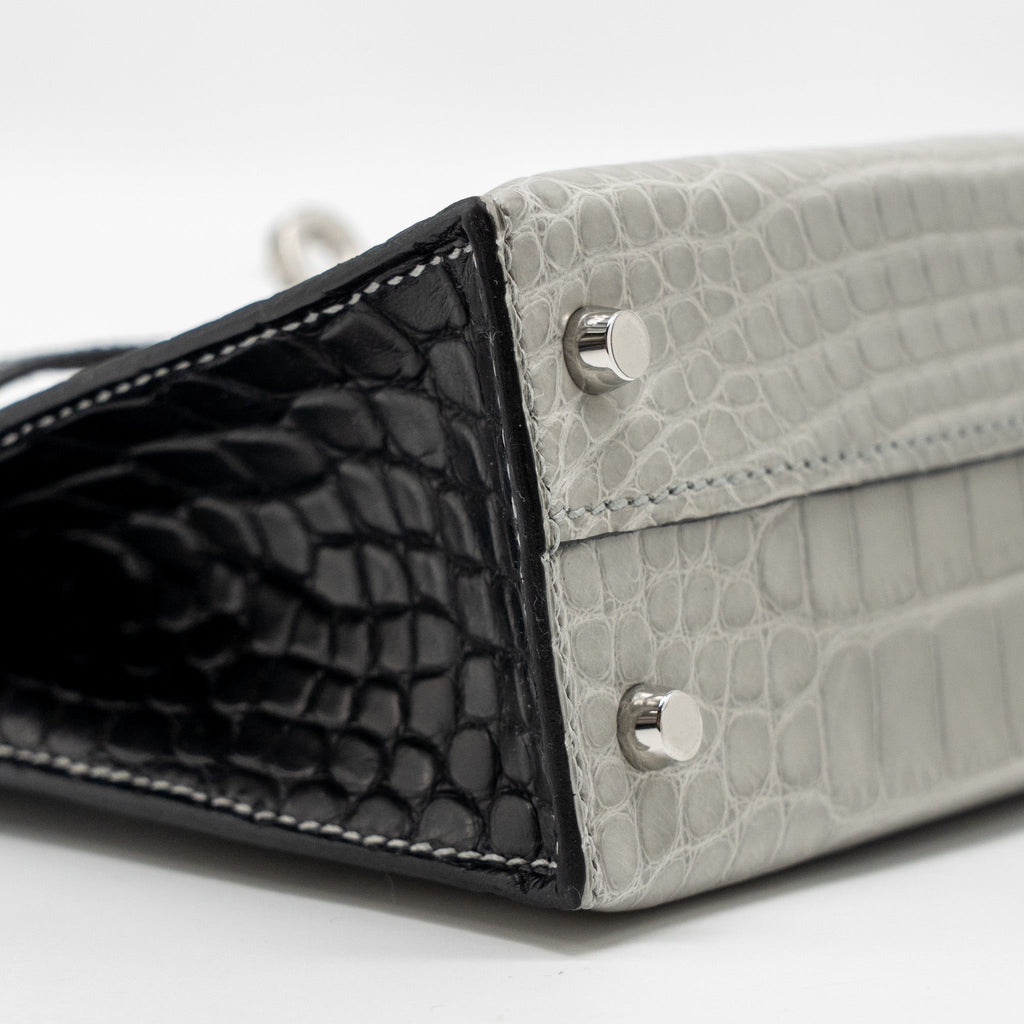 HERMES MINI KELLY II ALLIGATOR MISSISSIPPIENSIS MATT GRIS PERLE / BLACK SHW
