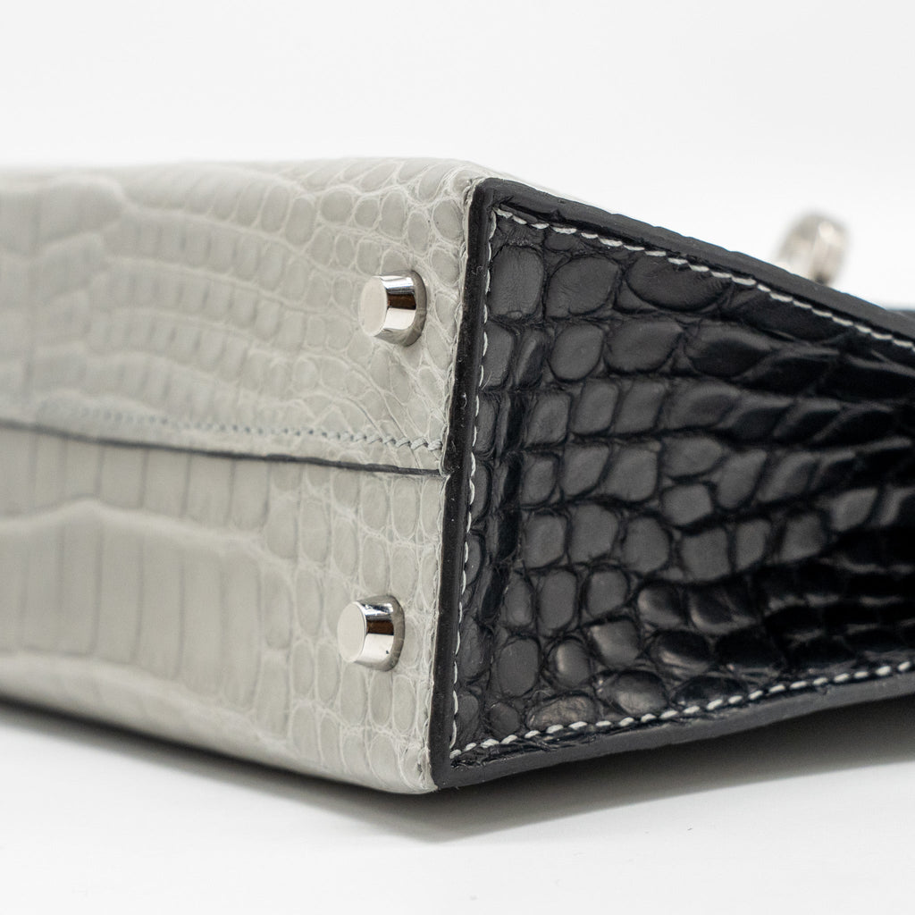 HERMES MINI KELLY II ALLIGATOR MISSISSIPPIENSIS MATT GRIS PERLE / BLACK SHW