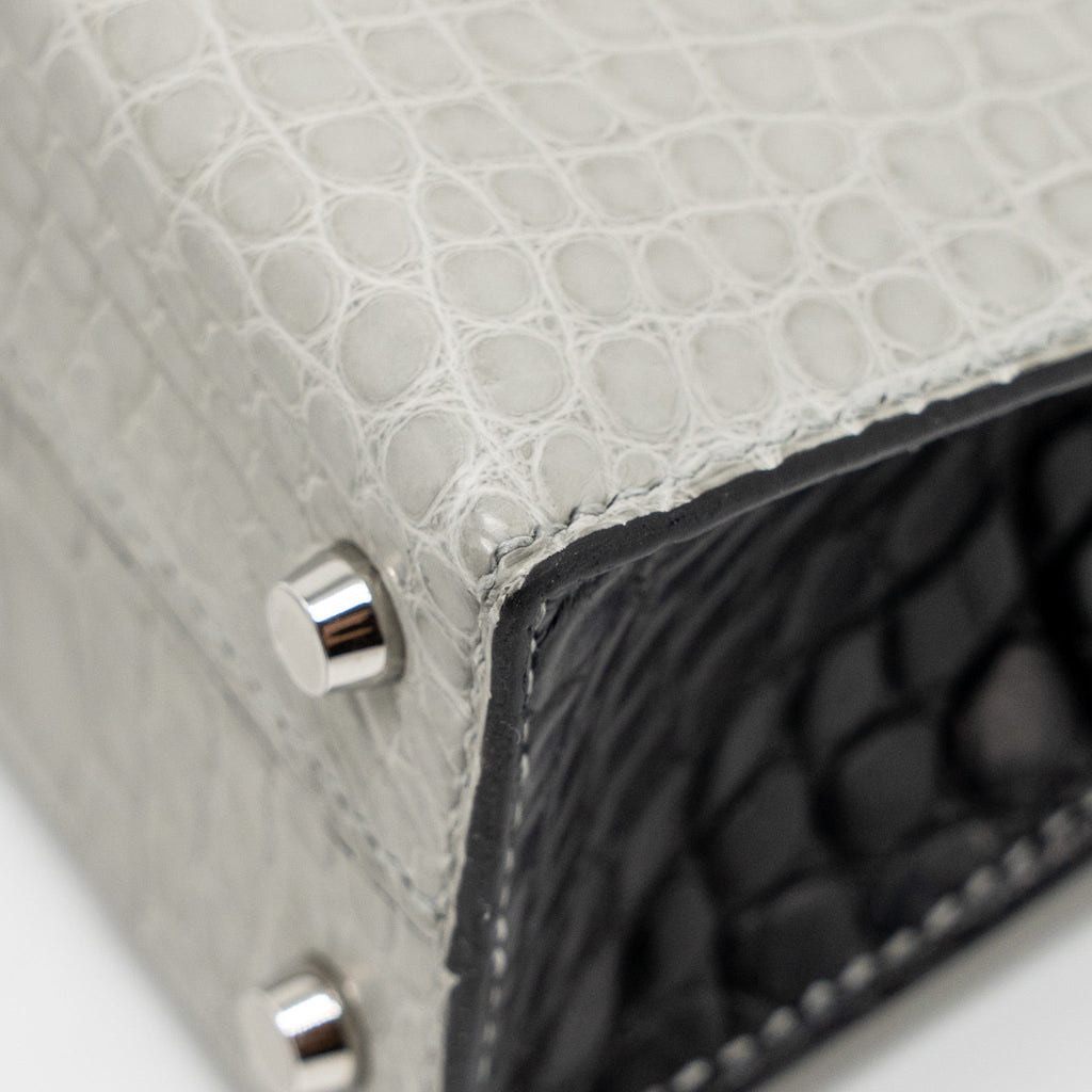 HERMES MINI KELLY II ALLIGATOR MISSISSIPPIENSIS MATT GRIS PERLE / BLACK SHW