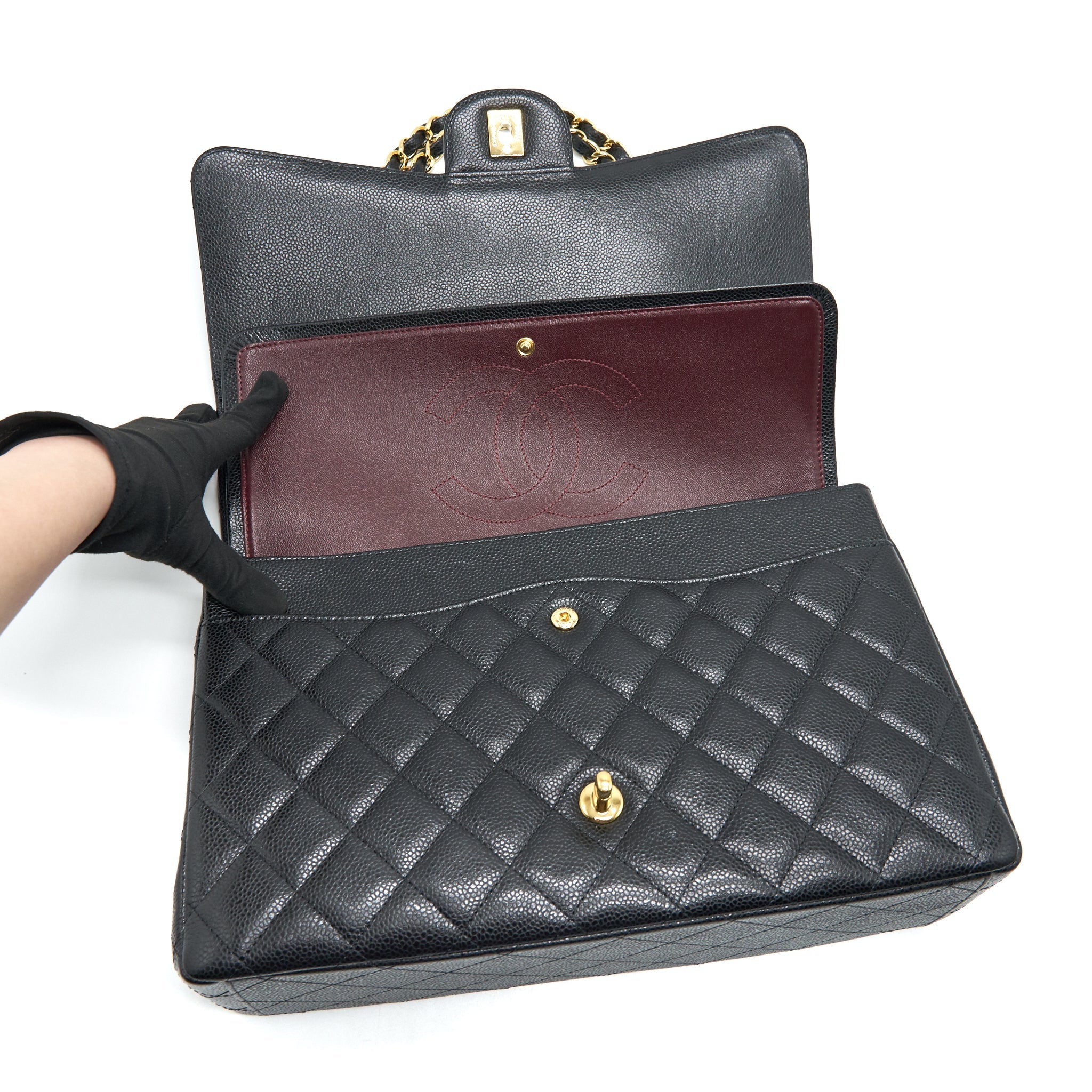 CHANEL MAXI CLASSIC DOUBLE FLAP CAVIAR BLACK GHW SERIAL 20
