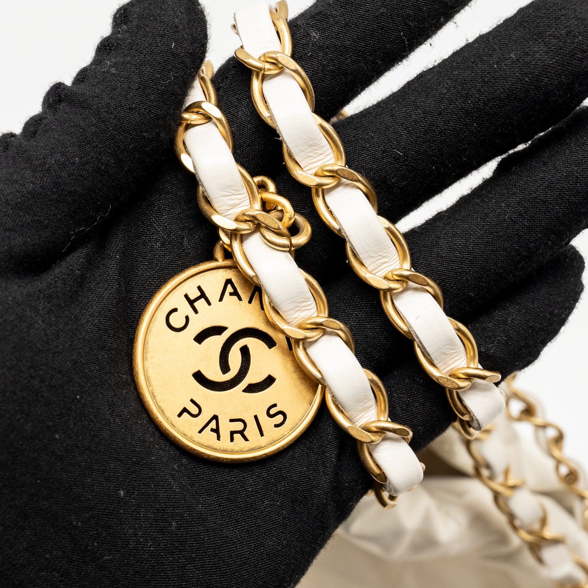 CHANEL SMALL 22 BAG WITH BLACK LETTER LOGO CALFSKIN WHITE GHW (MICROCHIP)