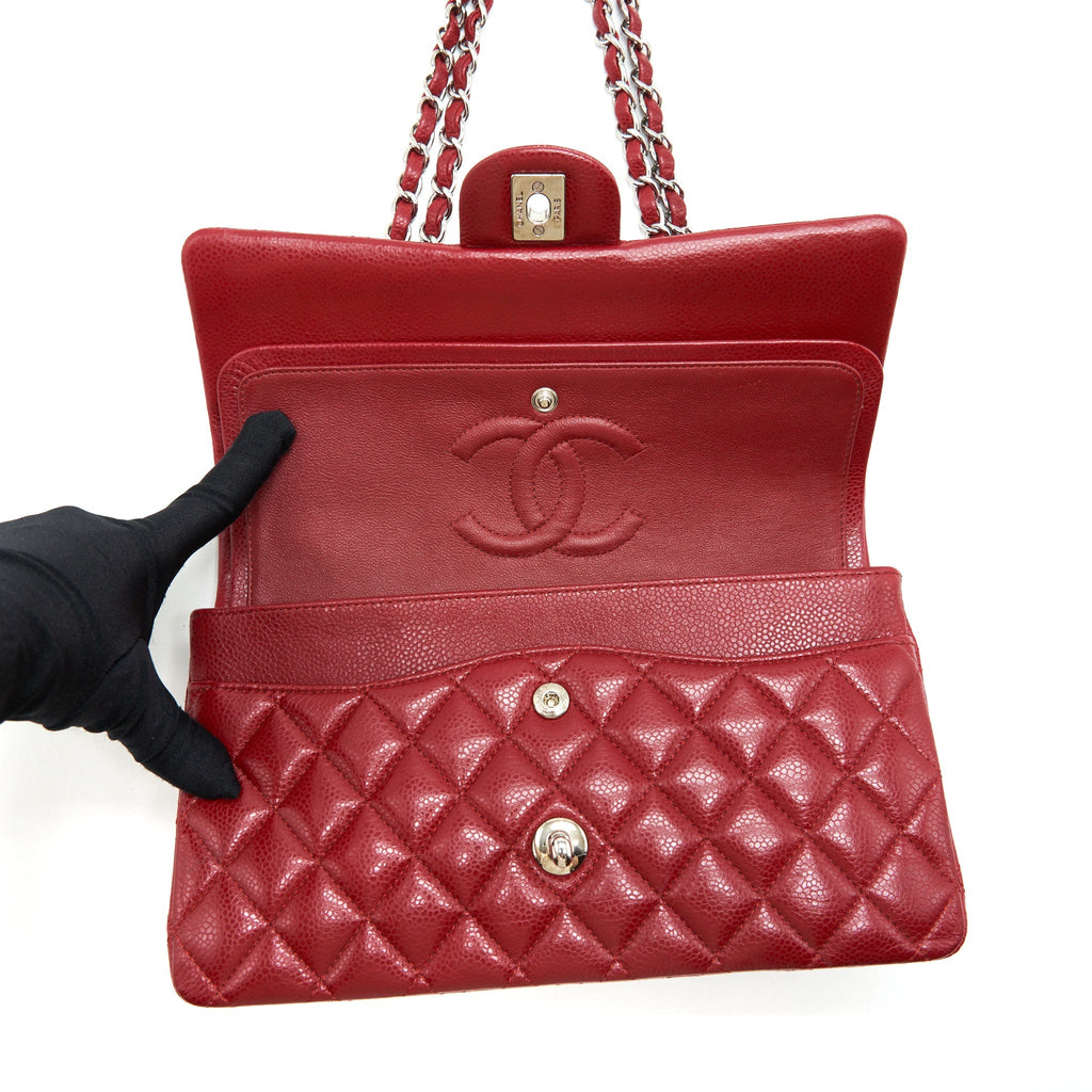 CHANEL MEDIUM CLASSIC DOUBLE FLAP BAG CAVIAR RED SHW