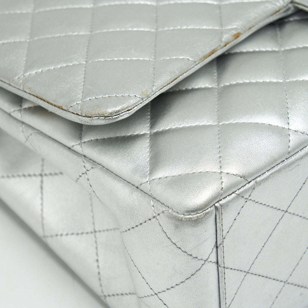 CHANEL MAXI CLASSIC DOUBLE FLAP BAG LAMBSKIN SLIVER SHW