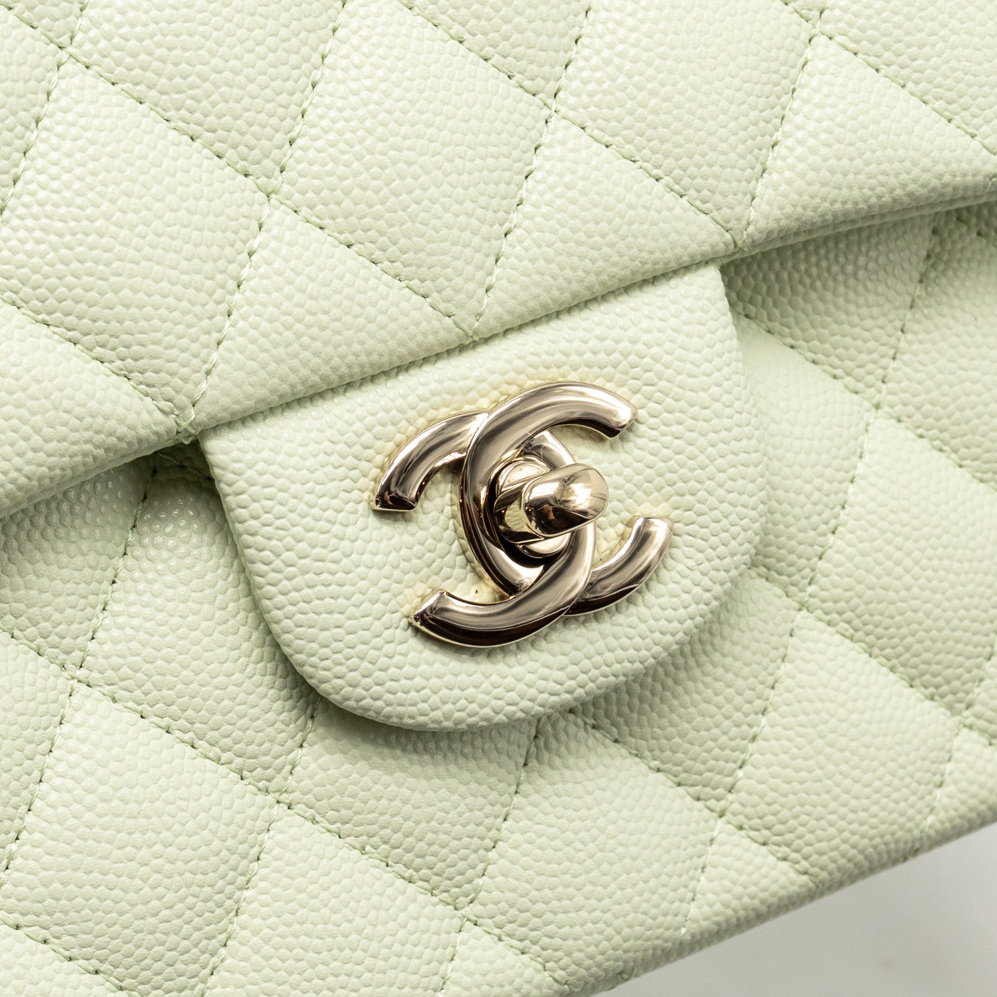 CHANEL SMALL CLASSIC DOUBLE FLAP BAG CAVIAR LIGHT GREEN LGHW (MICROCHIP)
