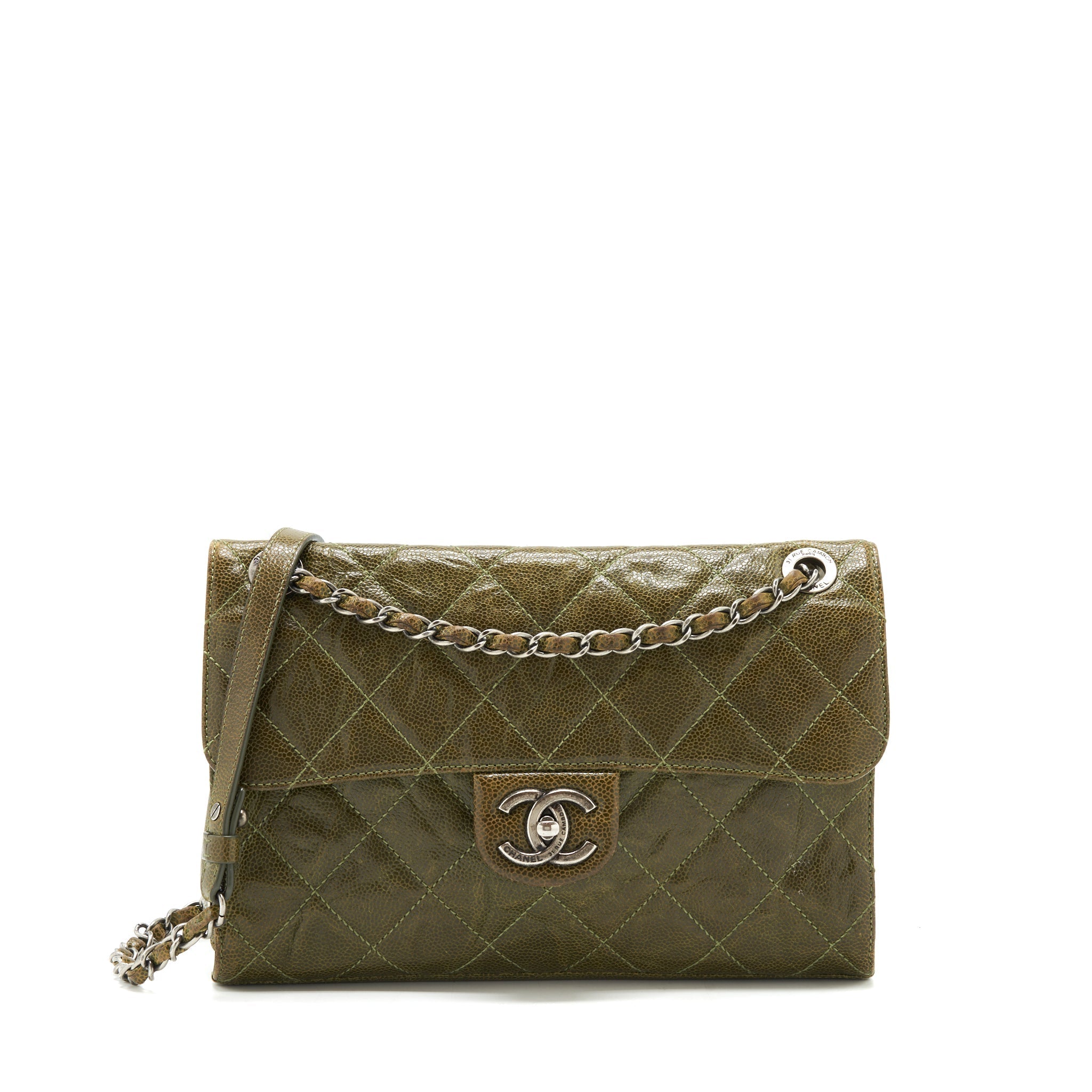 CHANEL QUILTED GRAINED CALFSKIN BAG OLIVE GREEN RUTHENIUM HARDWARE