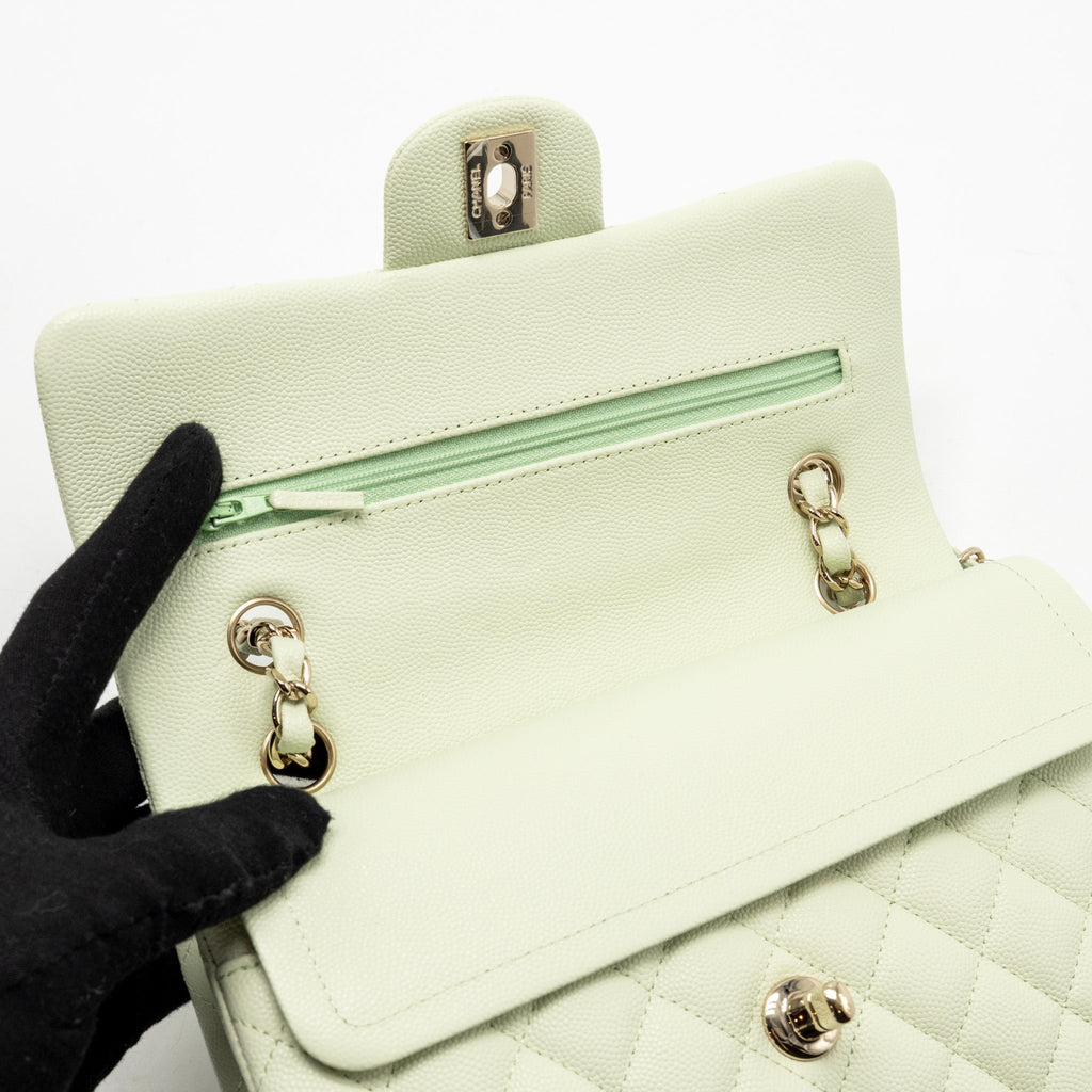 CHANEL SMALL CLASSIC DOUBLE FLAP BAG CAVIAR LIGHT GREEN LGHW (MICROCHIP)