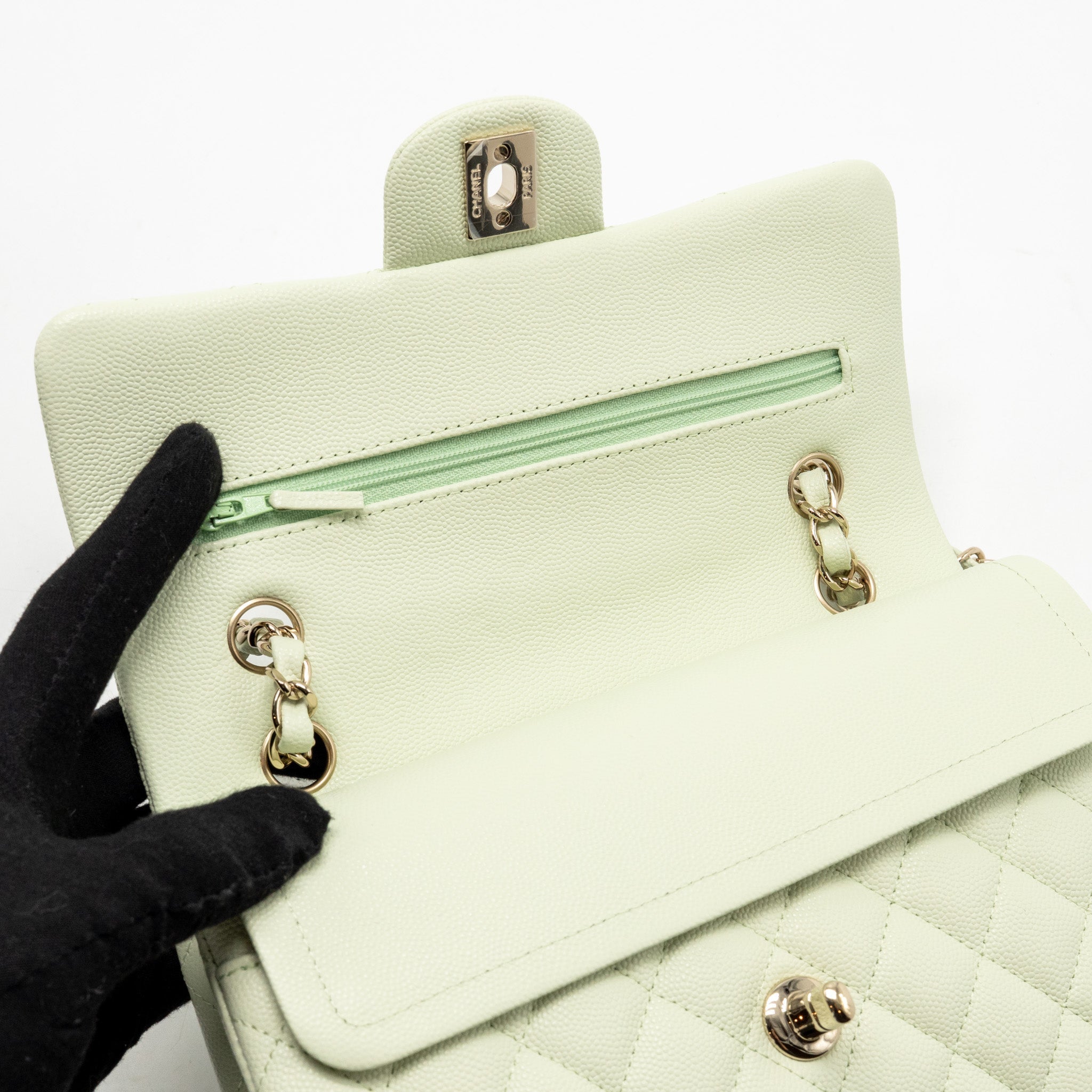 CHANEL SMALL CLASSIC DOUBLE FLAP BAG CAVIAR LIGHT GREEN LGHW (MICROCHIP)