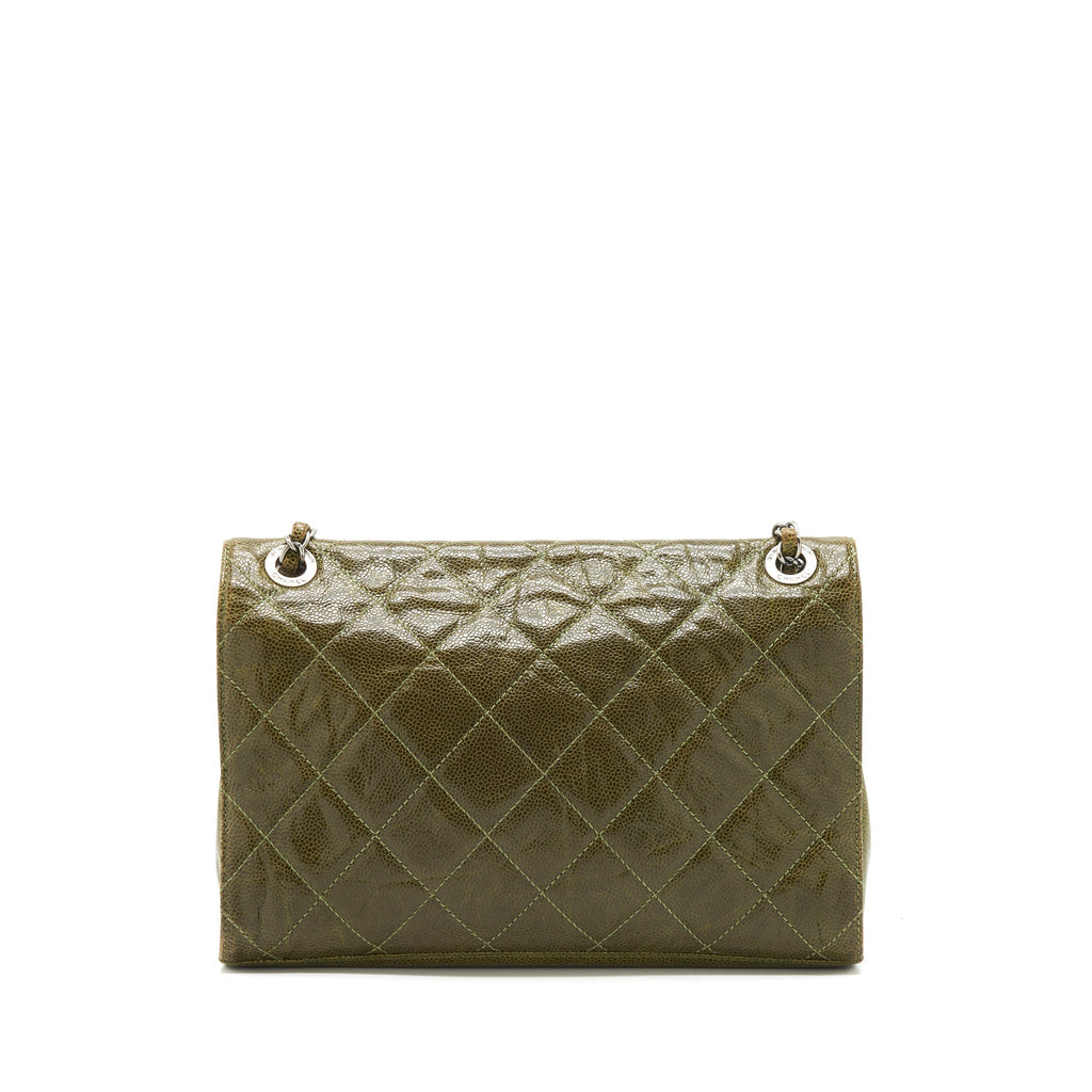 CHANEL QUILTED GRAINED CALFSKIN BAG OLIVE GREEN RUTHENIUM HARDWARE