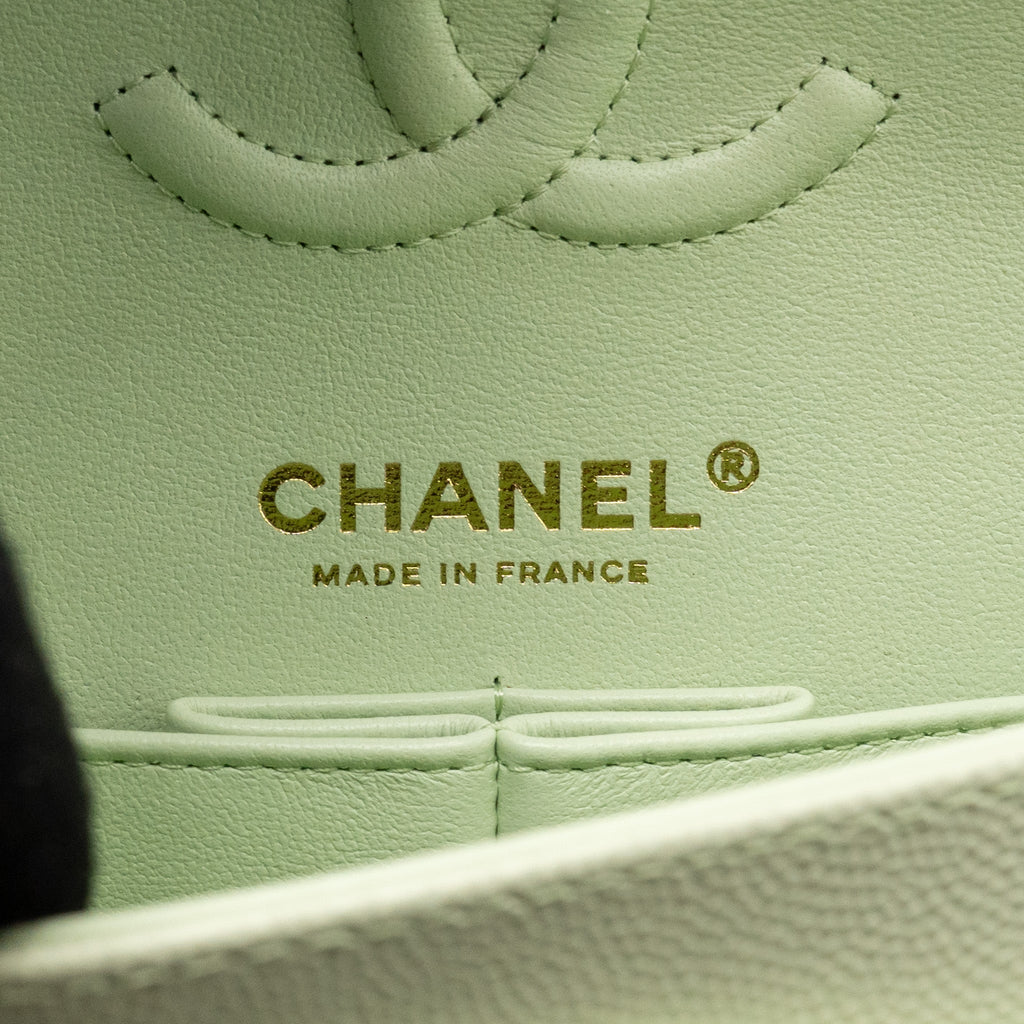 CHANEL SMALL CLASSIC DOUBLE FLAP BAG CAVIAR LIGHT GREEN LGHW (MICROCHIP)
