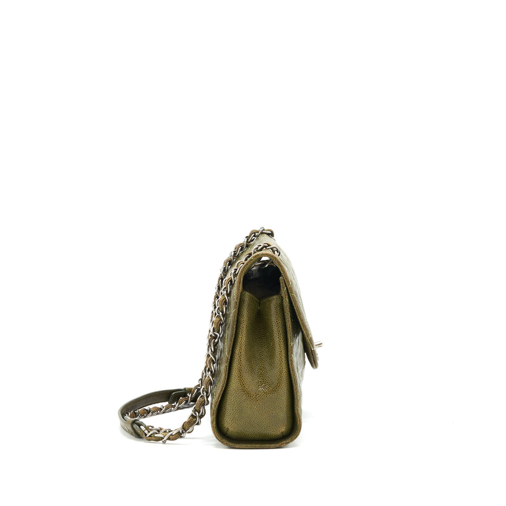 CHANEL QUILTED GRAINED CALFSKIN BAG OLIVE GREEN RUTHENIUM HARDWARE