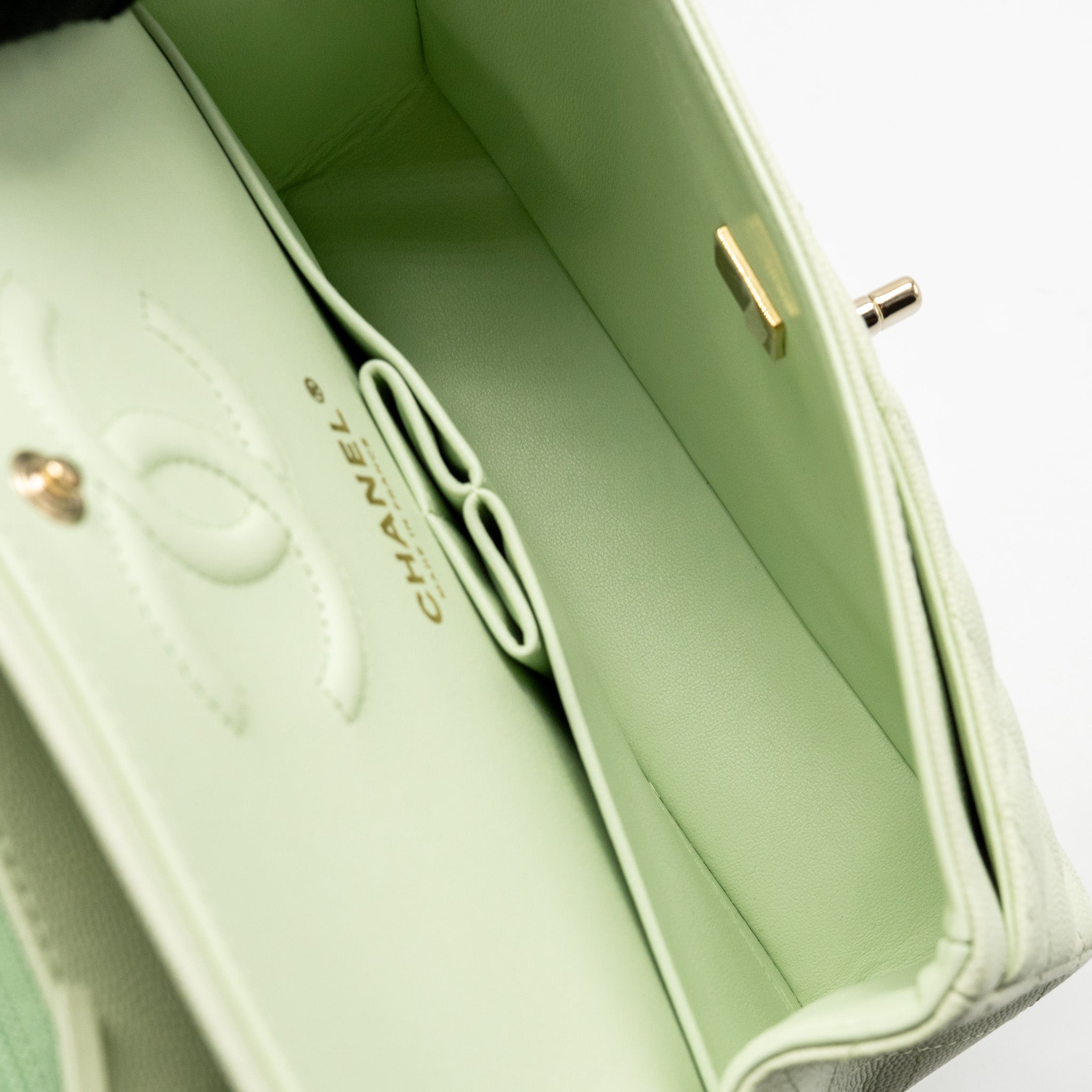 CHANEL SMALL CLASSIC DOUBLE FLAP BAG CAVIAR LIGHT GREEN LGHW (MICROCHIP)