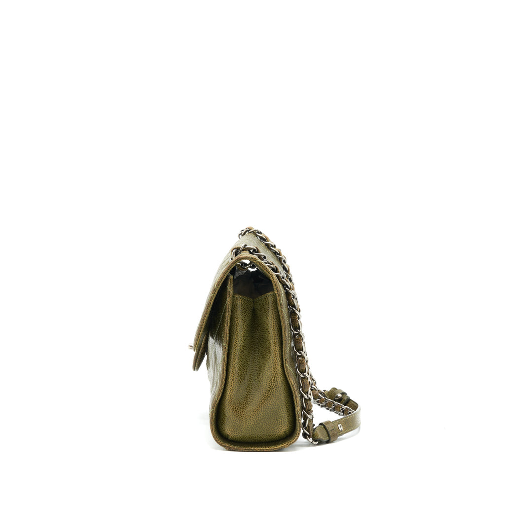 CHANEL QUILTED GRAINED CALFSKIN BAG OLIVE GREEN RUTHENIUM HARDWARE