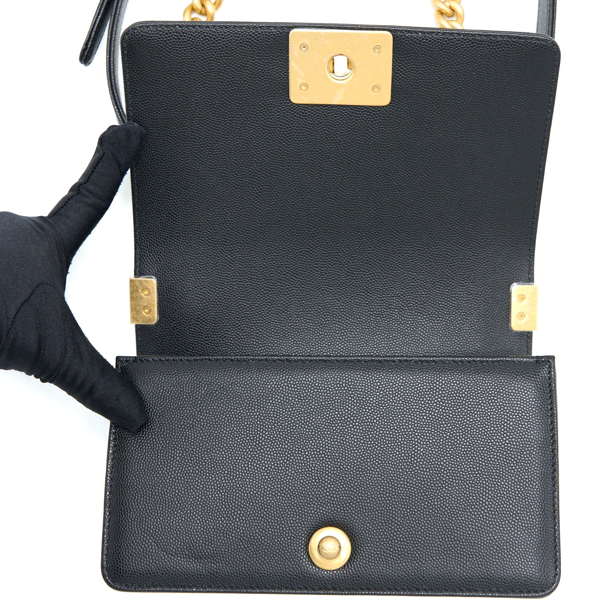 CHANEL SMALL BOY CAVIAR BLACK BRUSHED GHW (MICROCHIP)