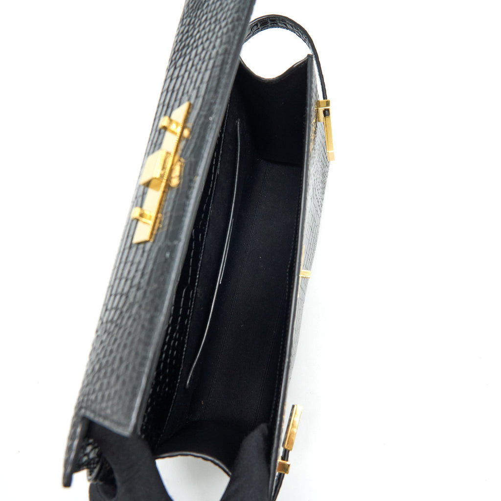 SAINT LAURENT/YSL MANHATTAN SHOULDER BAG SHINY CROC-EMBOSSED BLACK GHW