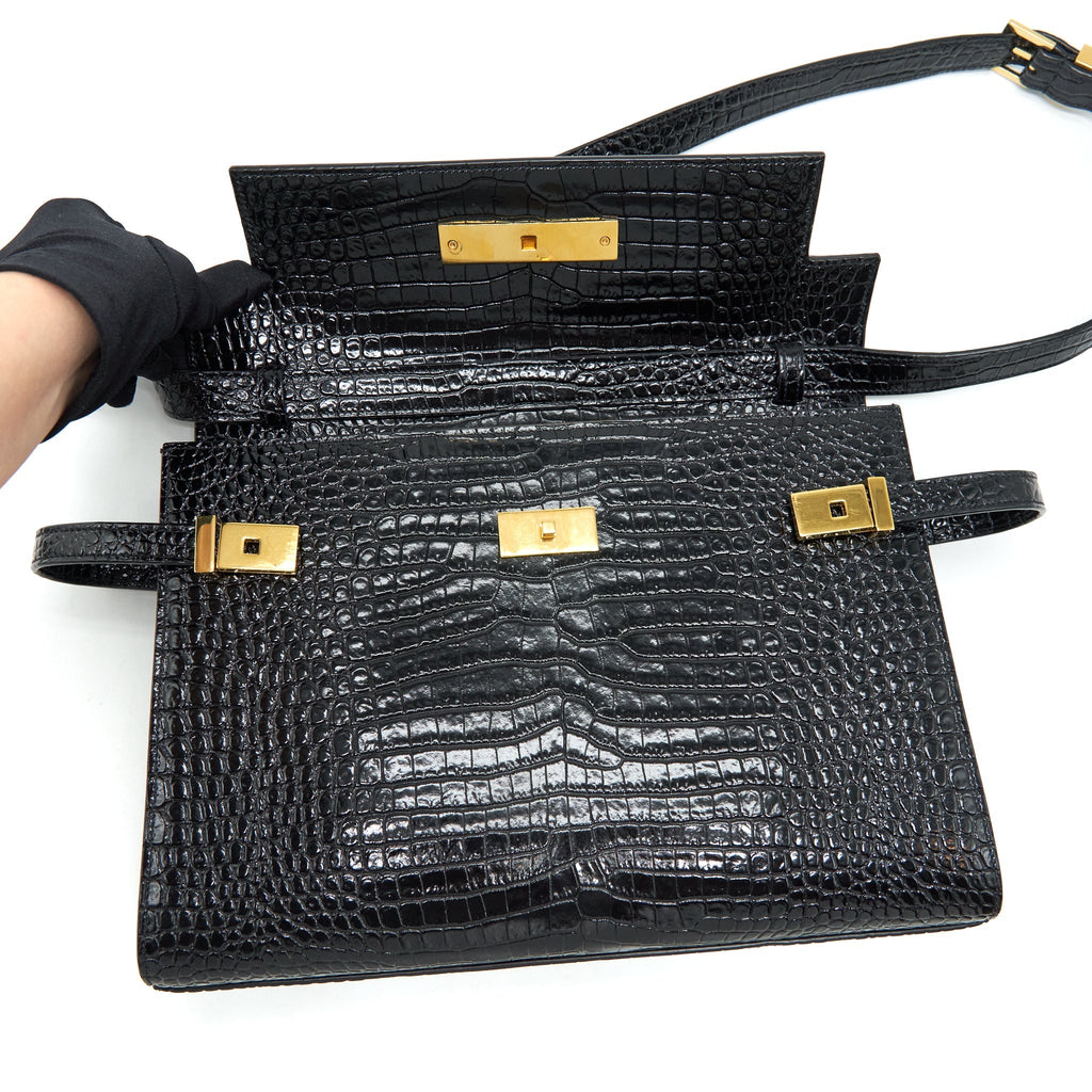 SAINT LAURENT/YSL MANHATTAN SHOULDER BAG SHINY CROC-EMBOSSED BLACK GHW