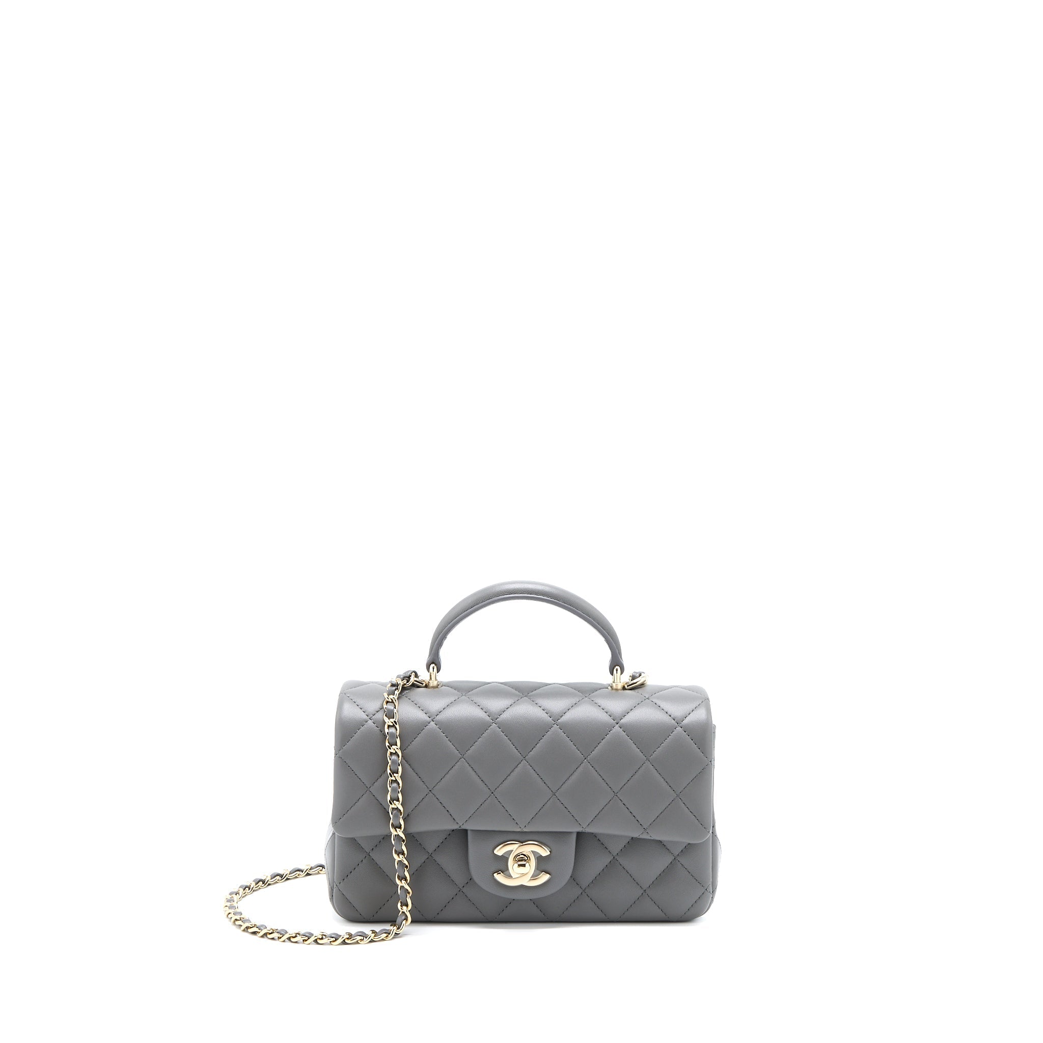 CHANEL TOP HANDLE MINI RECTANGULAR FLAP BAG LAMBSKIN GREY LGHW (MICROCHIP)