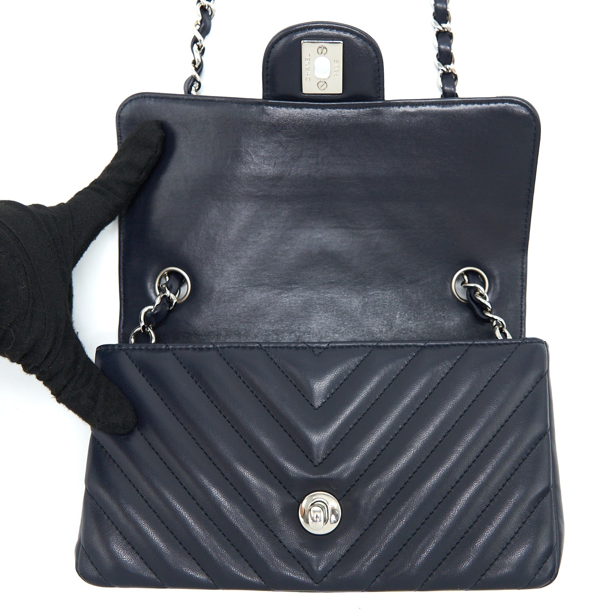 CHANEL MINI RECTANGULAR FLAP BAG CHEVRON LAMBSKIN NAVY SHW