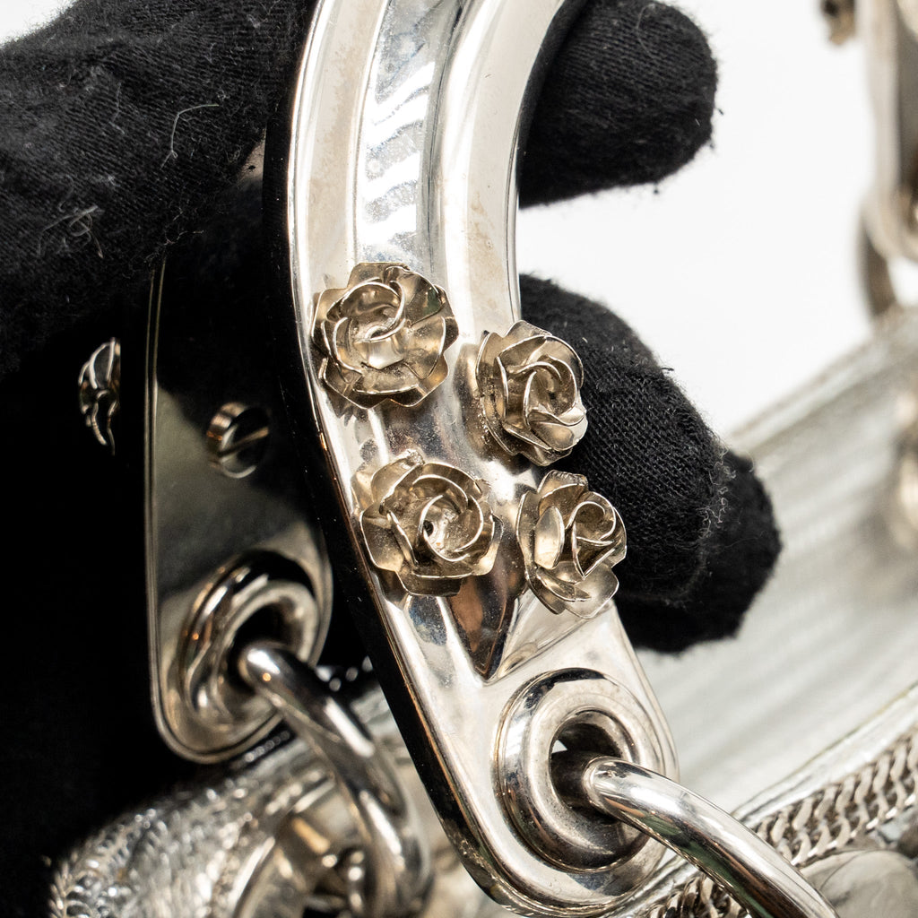DIOR MINI LADY DIOR FLOWER STUDDED METAL HANDLE LIZARD SILVER SHW