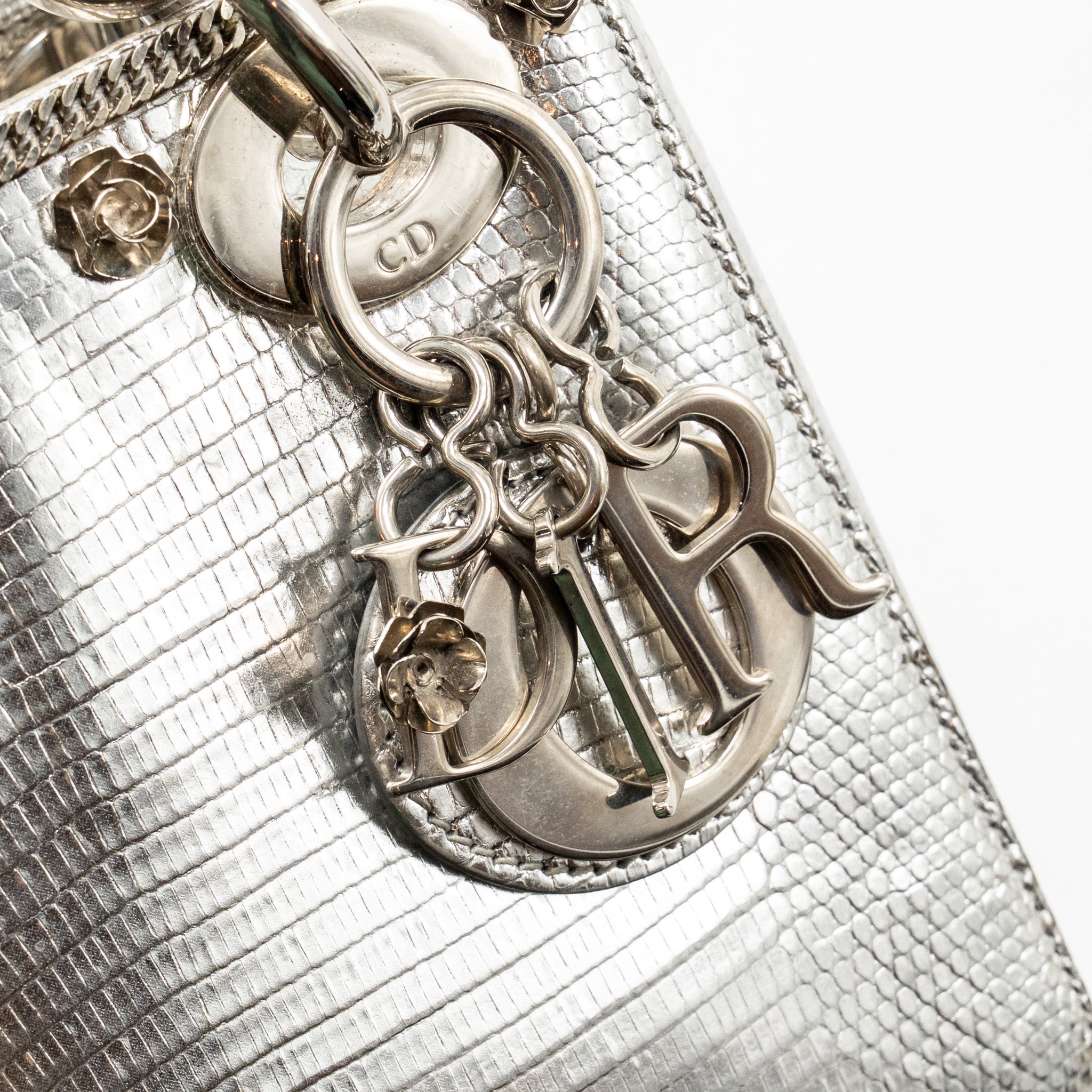 DIOR MINI LADY DIOR FLOWER STUDDED METAL HANDLE LIZARD SILVER SHW