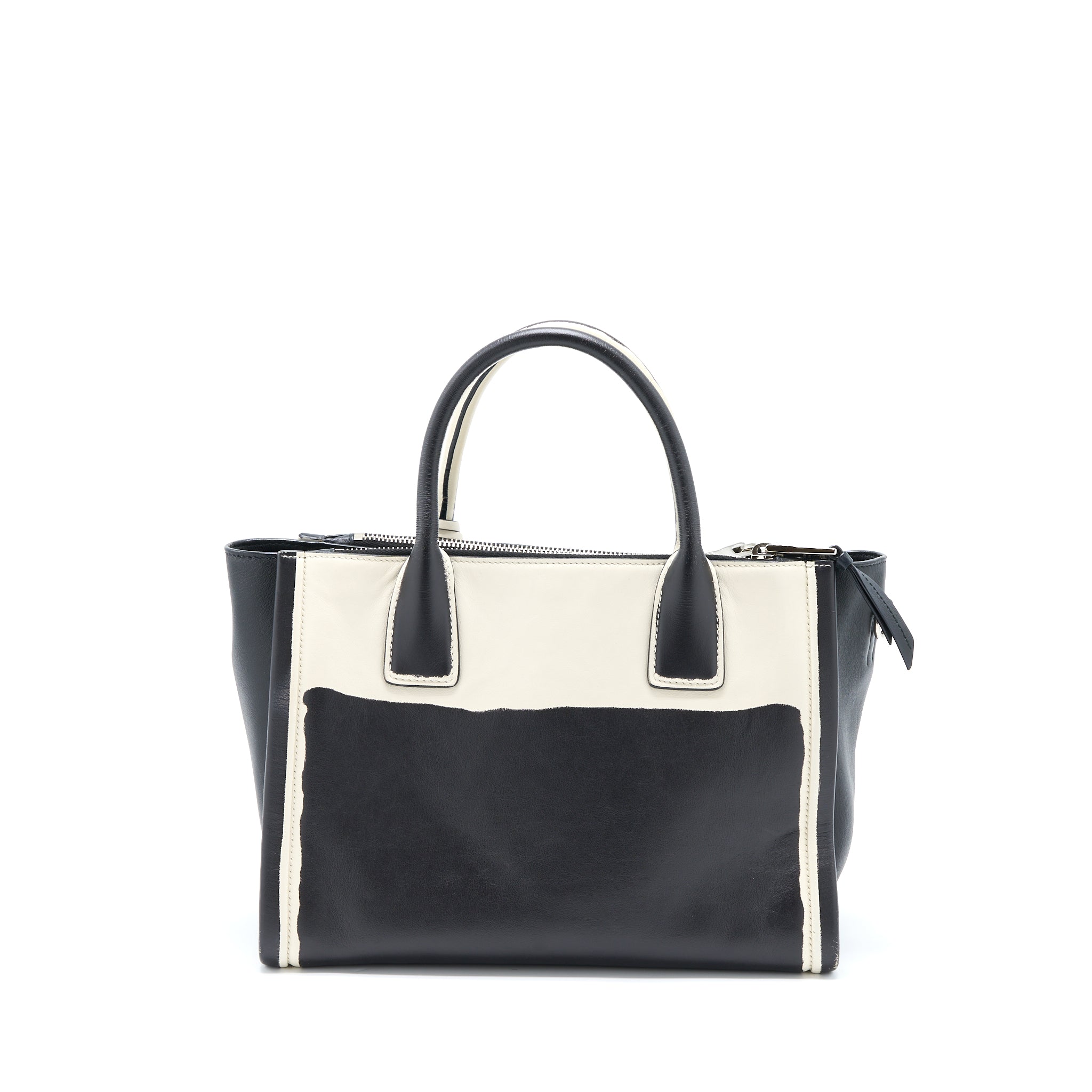 PRADA DOUBLE ZIP TOTE BAG CALFSKIN BLACK/WHITE SHW