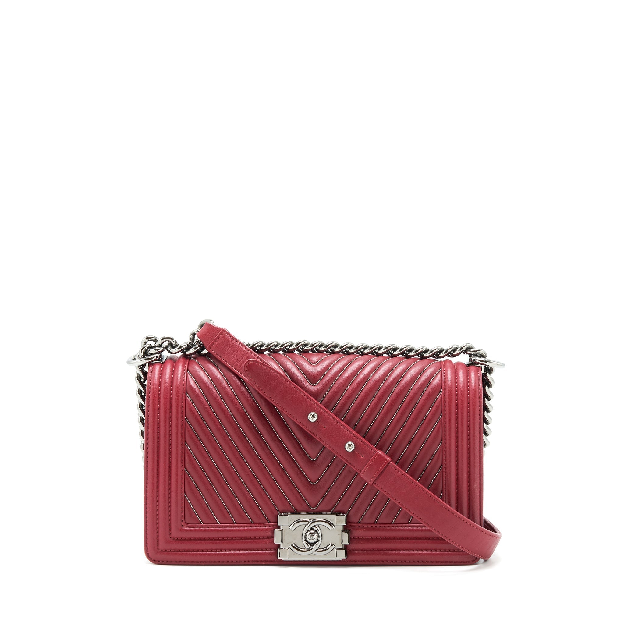 CHANEL MEDIUM CHEVRON BOY CHANEL BAG LIMITED EDITION DARK RED SHW