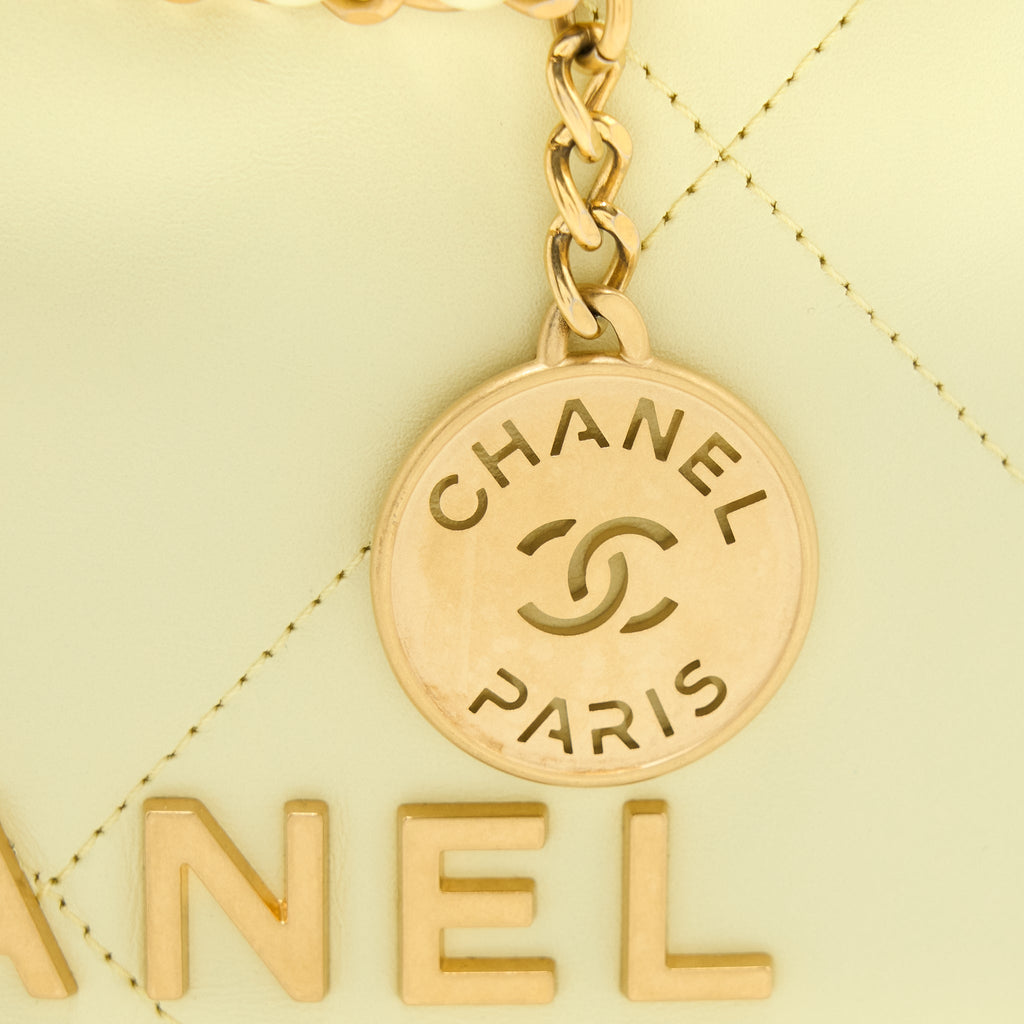 CHANEL 23S MINI 22 BAG SHINY CALFSKIN LIGHT YELLOW GHW (MICROCHIP)