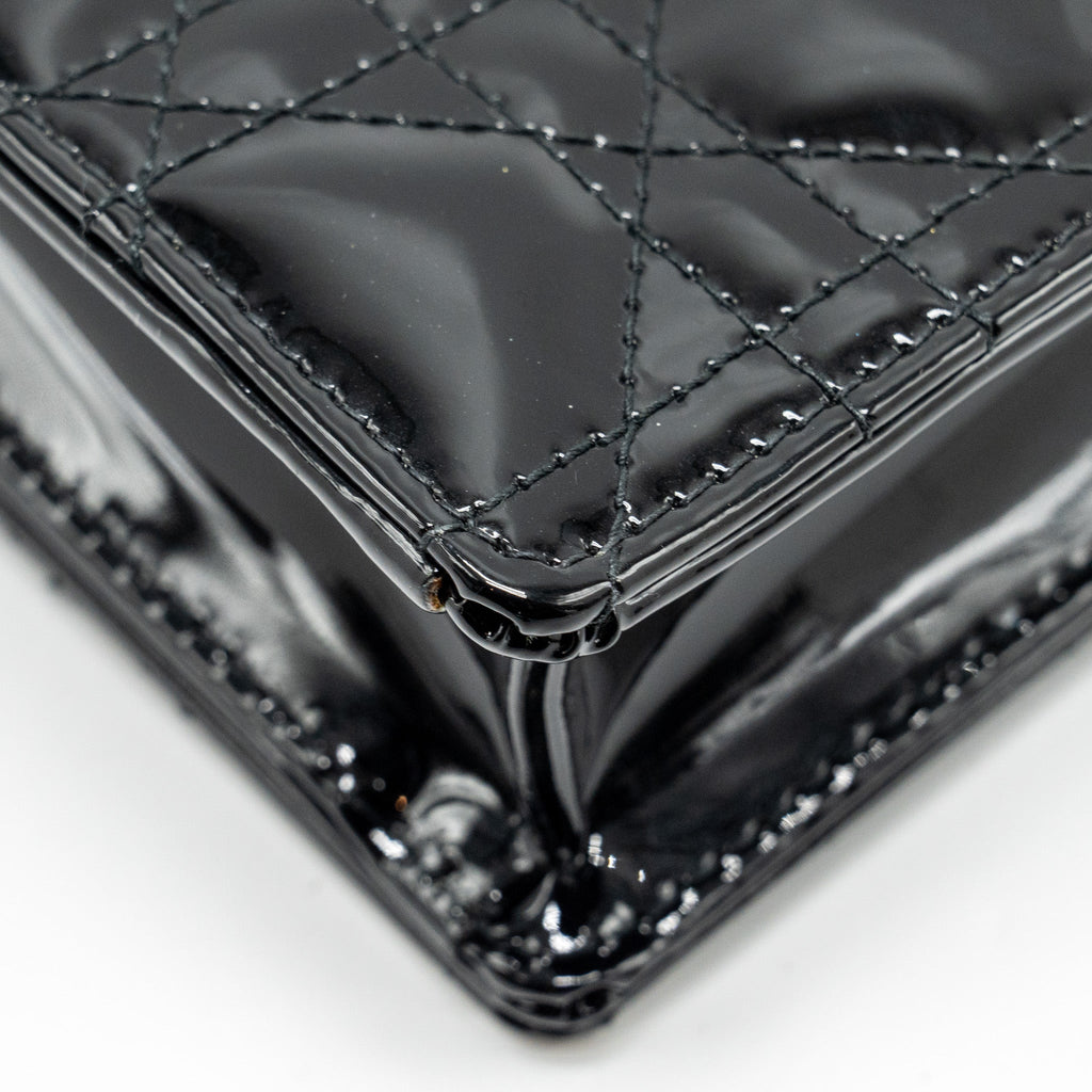 DIOR LADY DIOR POUCH WALLET ON CHAIN PATENT BLACK LGHW