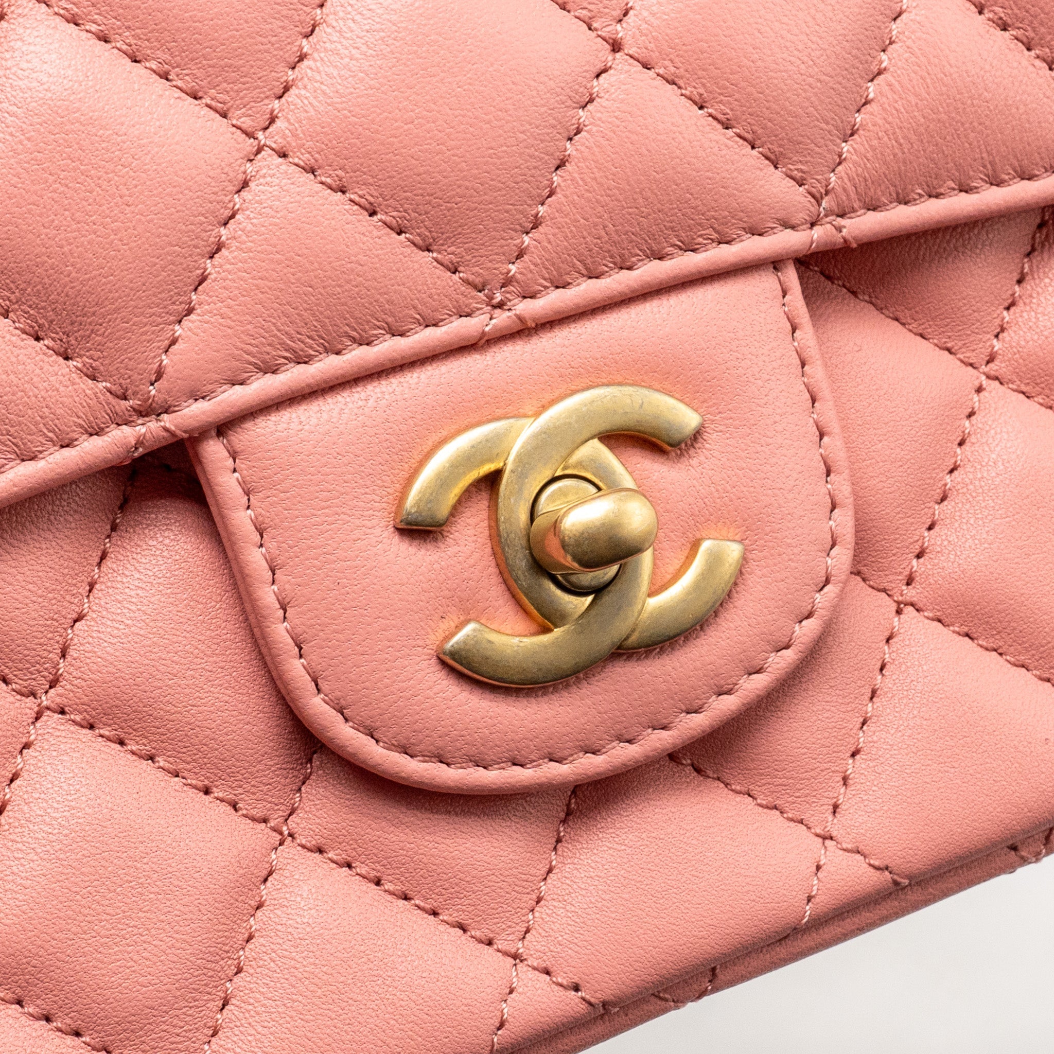 CHANEL 23K DETAIL TOP HANDLE FLAP BAG LAMBSKIN PINK GHW (MICROCHIP)