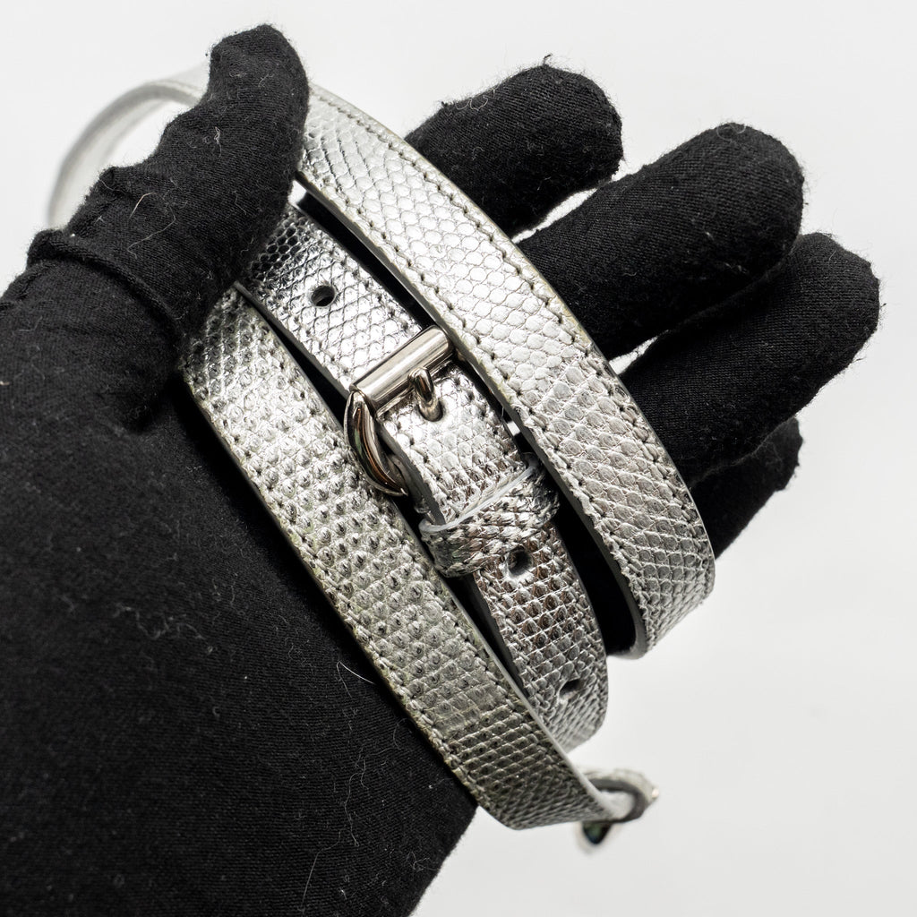DIOR MINI LADY DIOR FLOWER STUDDED METAL HANDLE LIZARD SILVER SHW