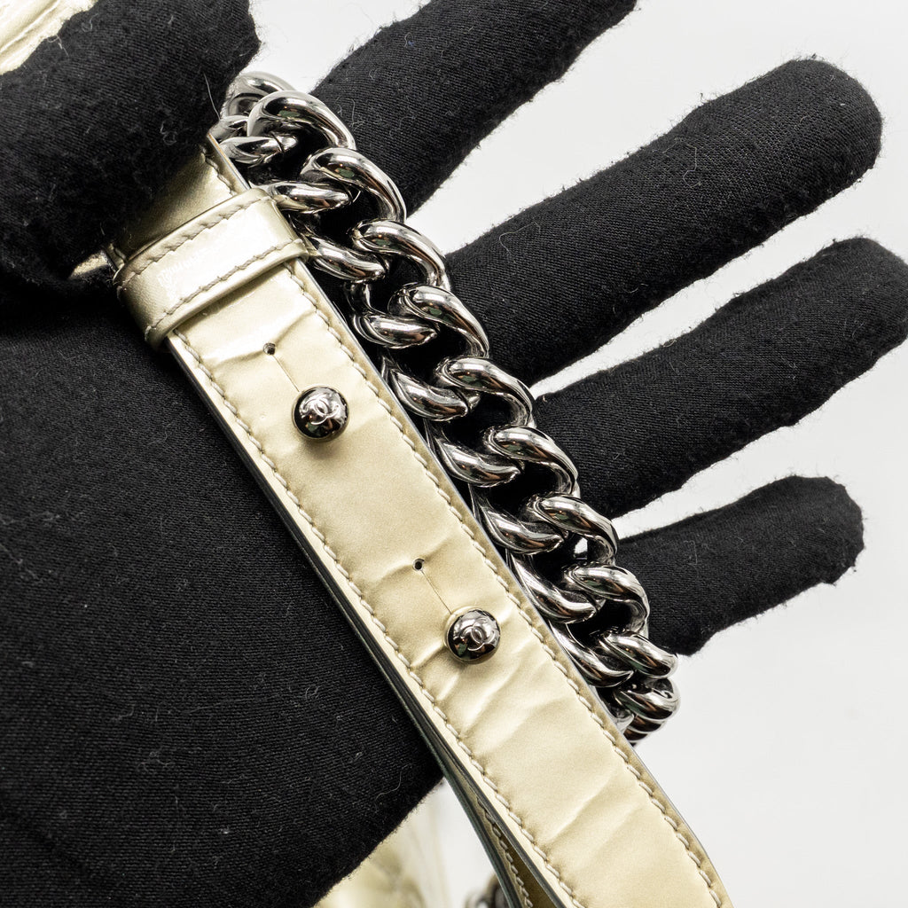 CHANEL MEDIUM BOY BAG METALLIC PATENT CALFSKIN/METALLIC LAMBSKIN GOLD/SILVER SHW
