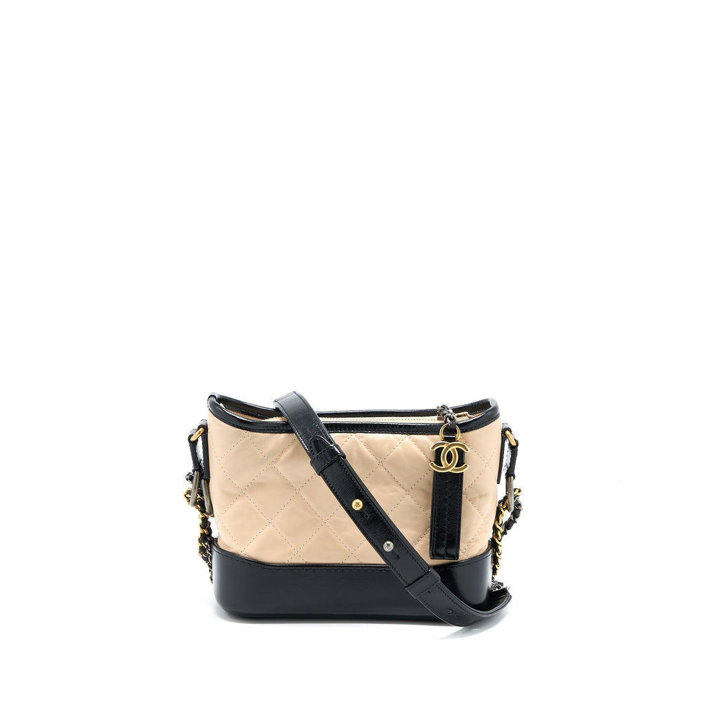 CHANEL SMALL GABRIELLE BAG AGED CALFSKIN BEIGE/BLACK MULTICOLOUR HARDWARE