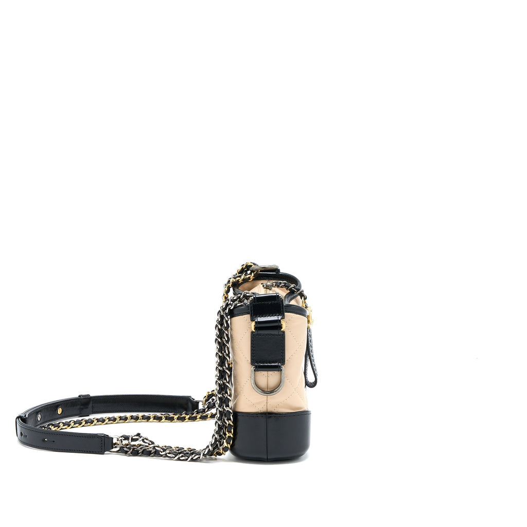 CHANEL SMALL GABRIELLE BAG AGED CALFSKIN BEIGE/BLACK MULTICOLOUR HARDWARE