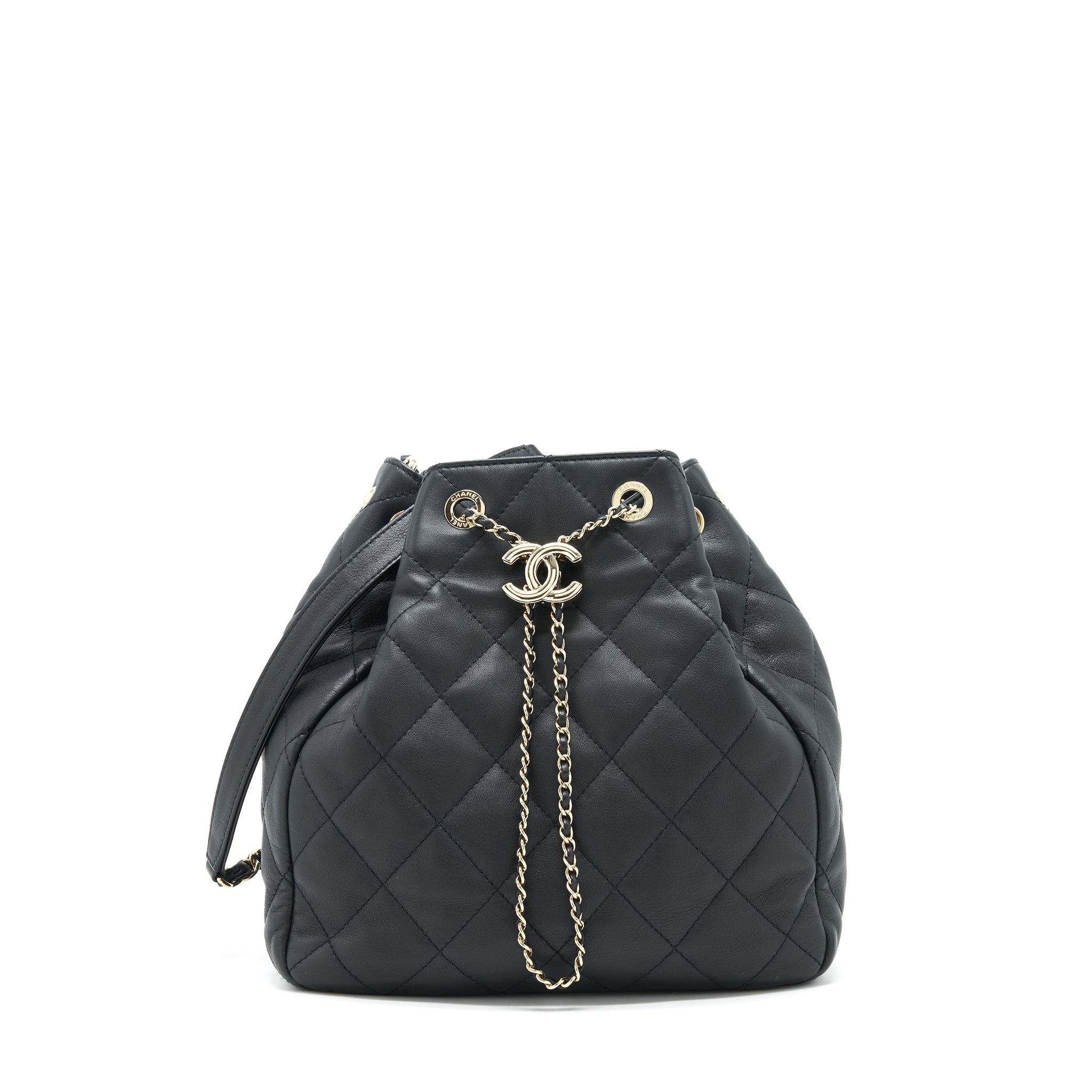 CHANEL BUCKET BAG QUILTED LAMBSKIN BLACK LGHW