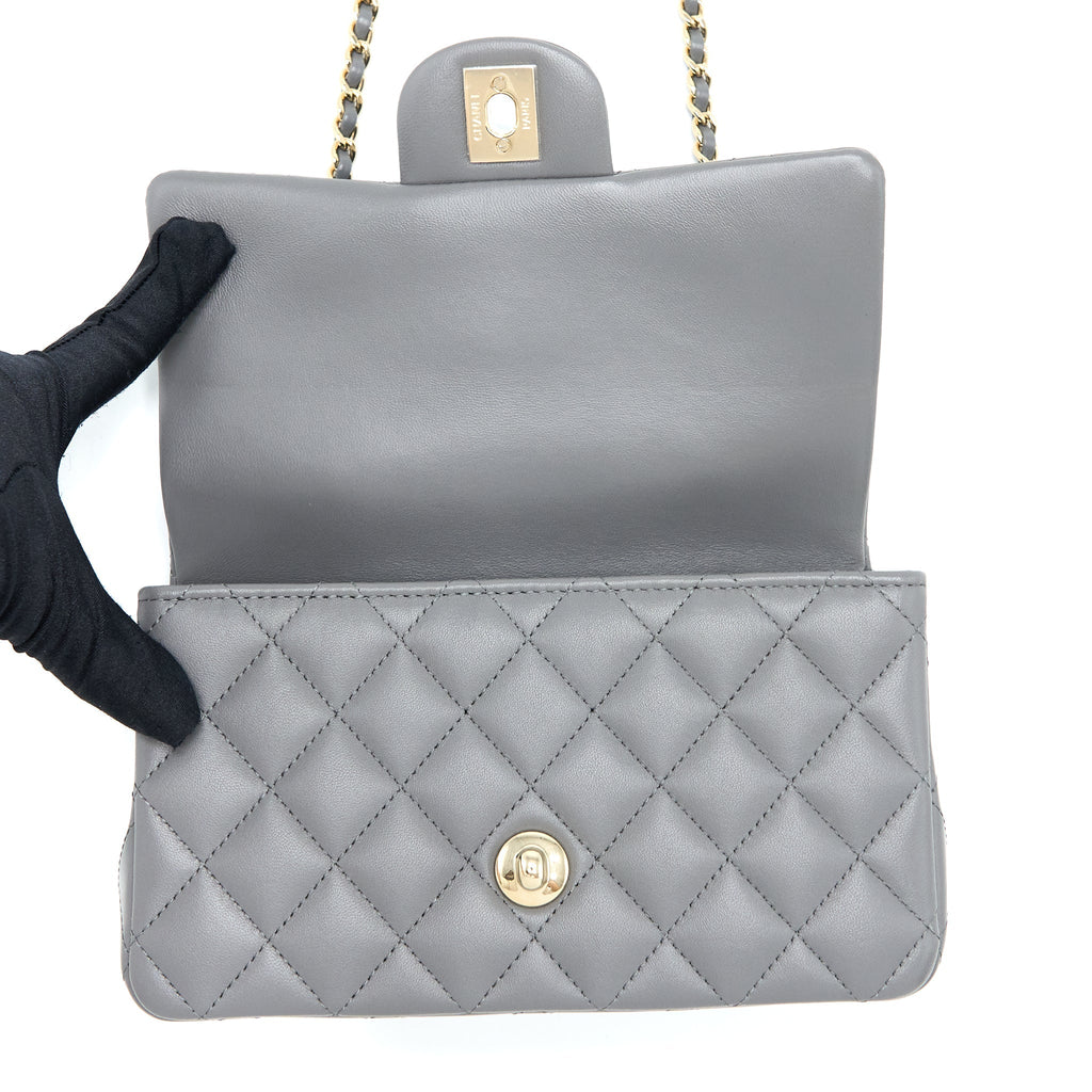 CHANEL TOP HANDLE MINI RECTANGULAR FLAP BAG LAMBSKIN GREY LGHW (MICROCHIP)