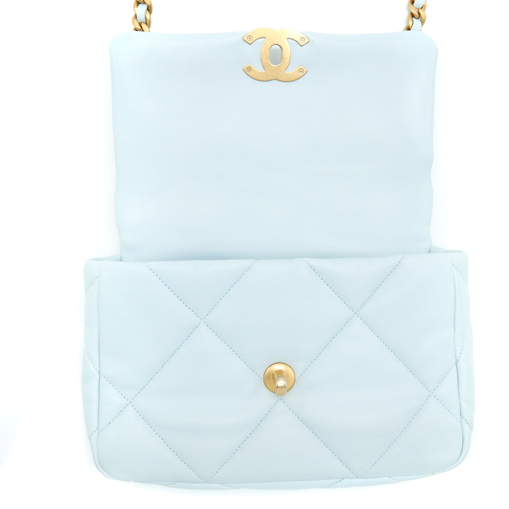 CHANEL SMALL 19 BAG LAMBSKIN LIGHT BLUE MULTICOLOUR HARDWARE (MICROCHIP)