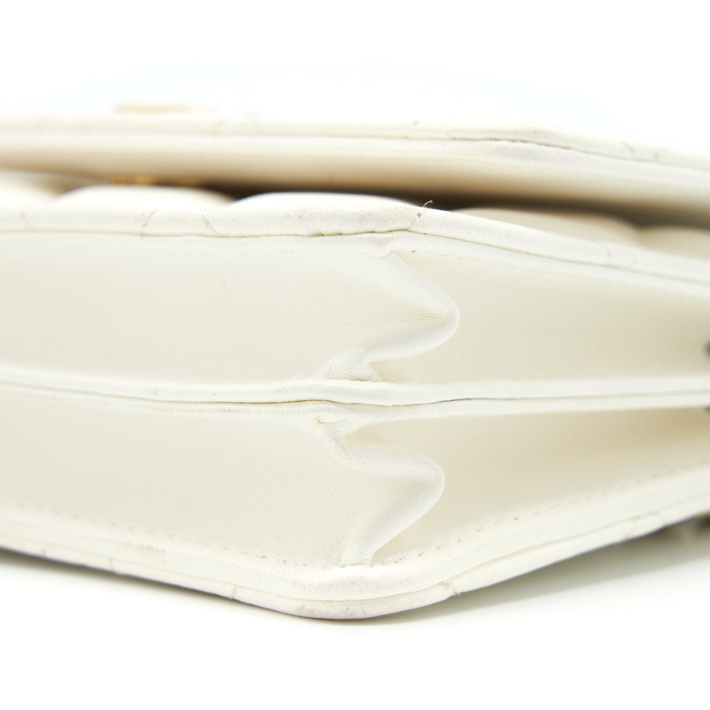 CHANEL RUFFLES MINI WALLET ON CHAINS WHITE GHW