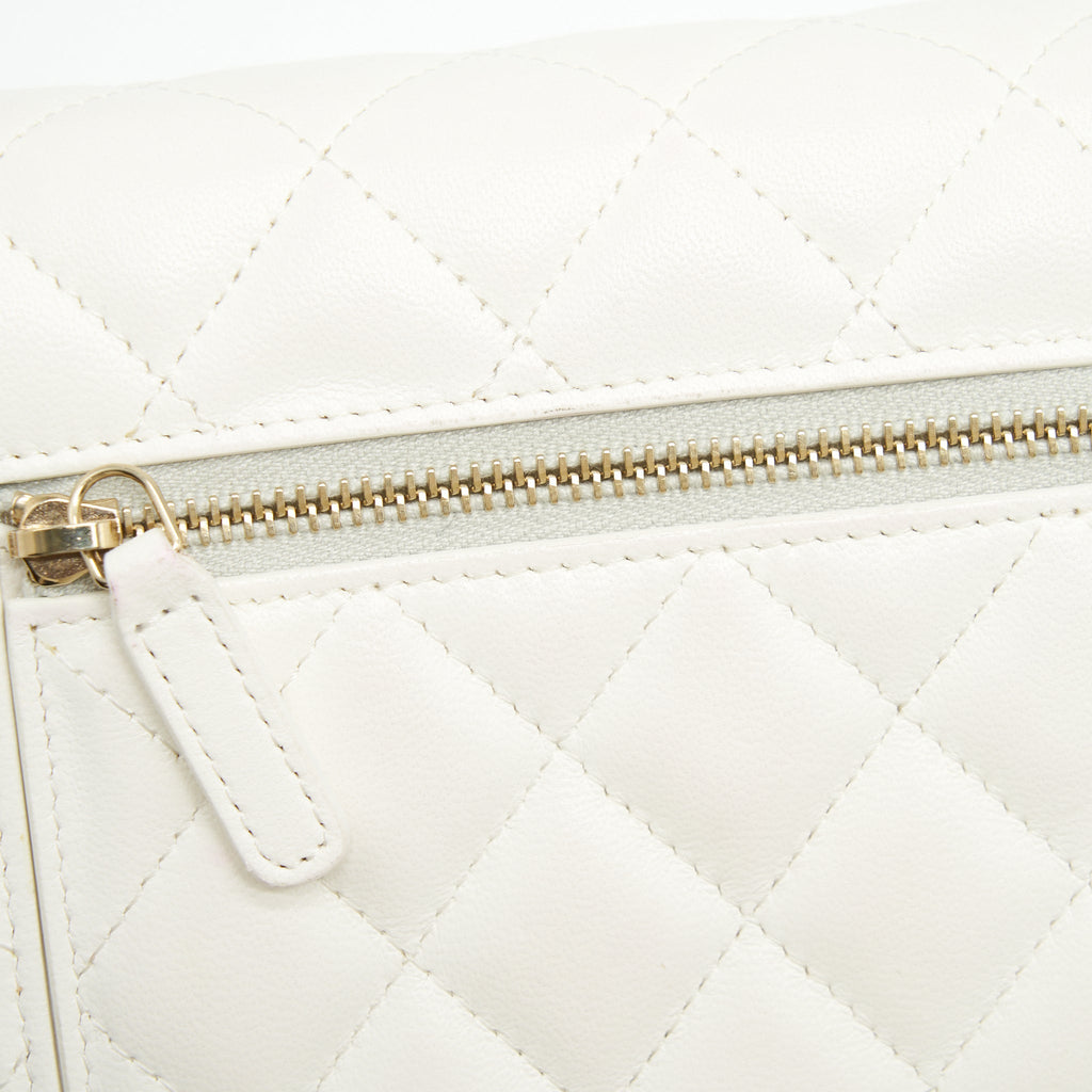 CHANEL RUFFLES MINI WALLET ON CHAINS WHITE GHW