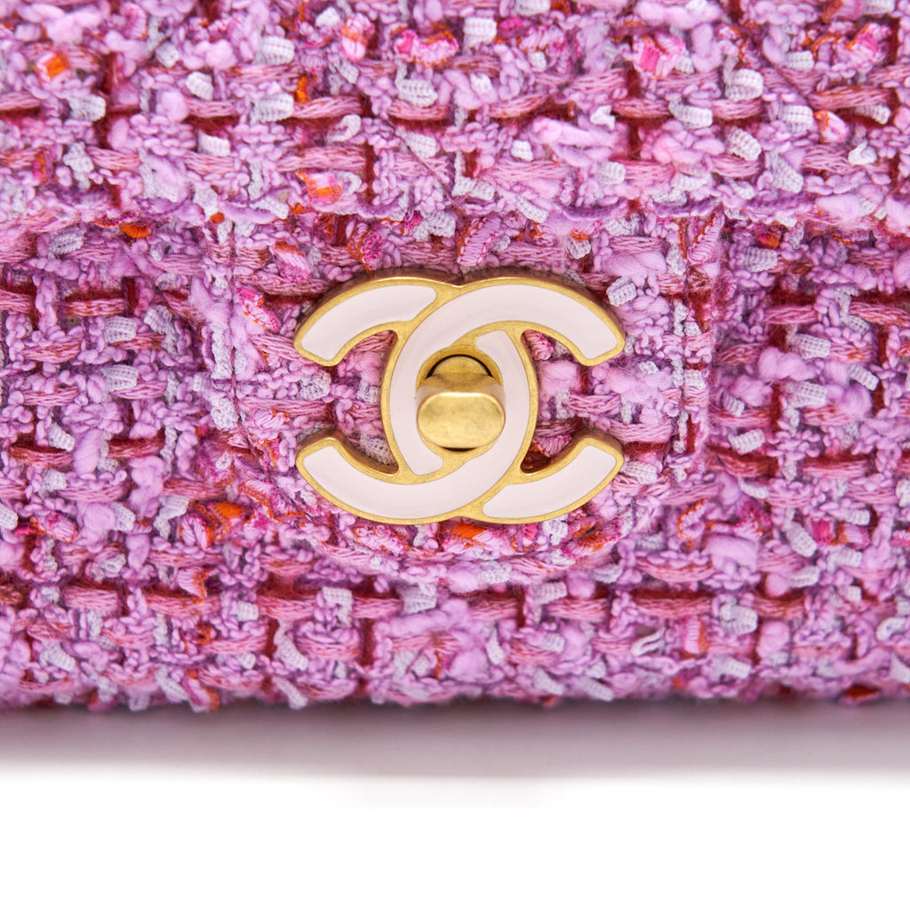 CHANEL 22P MINI SQUARE FLAP BAG TWEED PINK GOLD/PINK HARDWARE