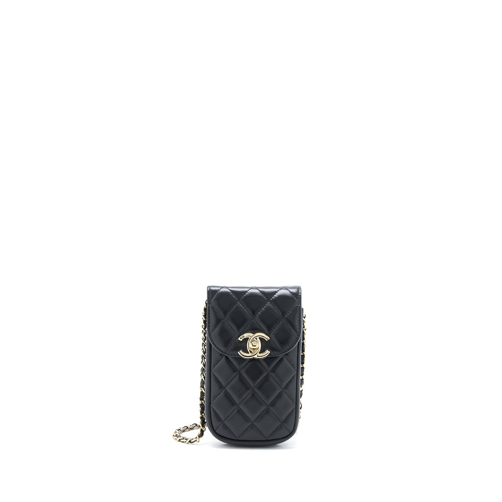 CHANEL FLAP PHONE POUCH WITH CHAIN BLACK LAMBSKIN GHW