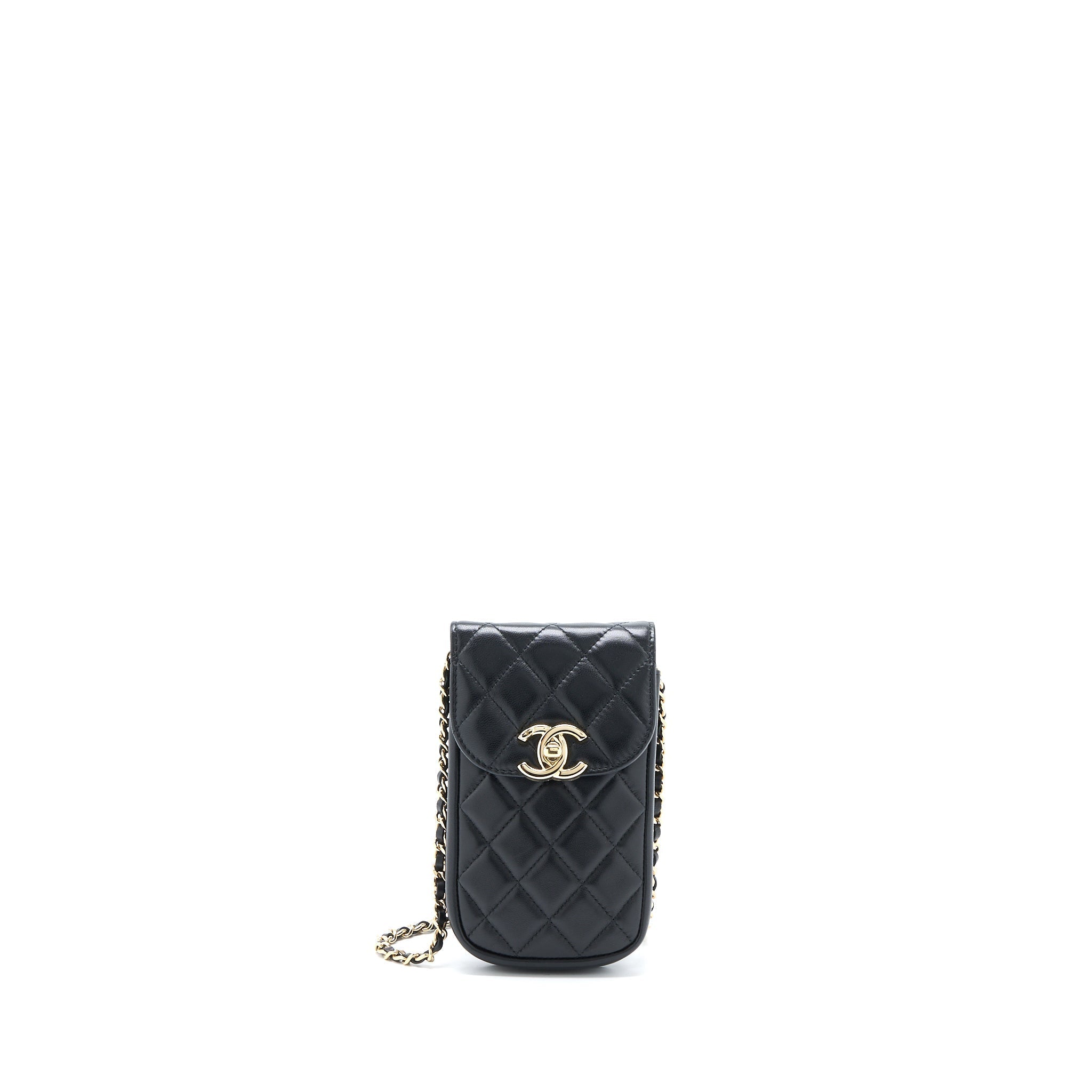 CHANEL FLAP PHONE POUCH WITH CHAIN BLACK LAMBSKIN GHW