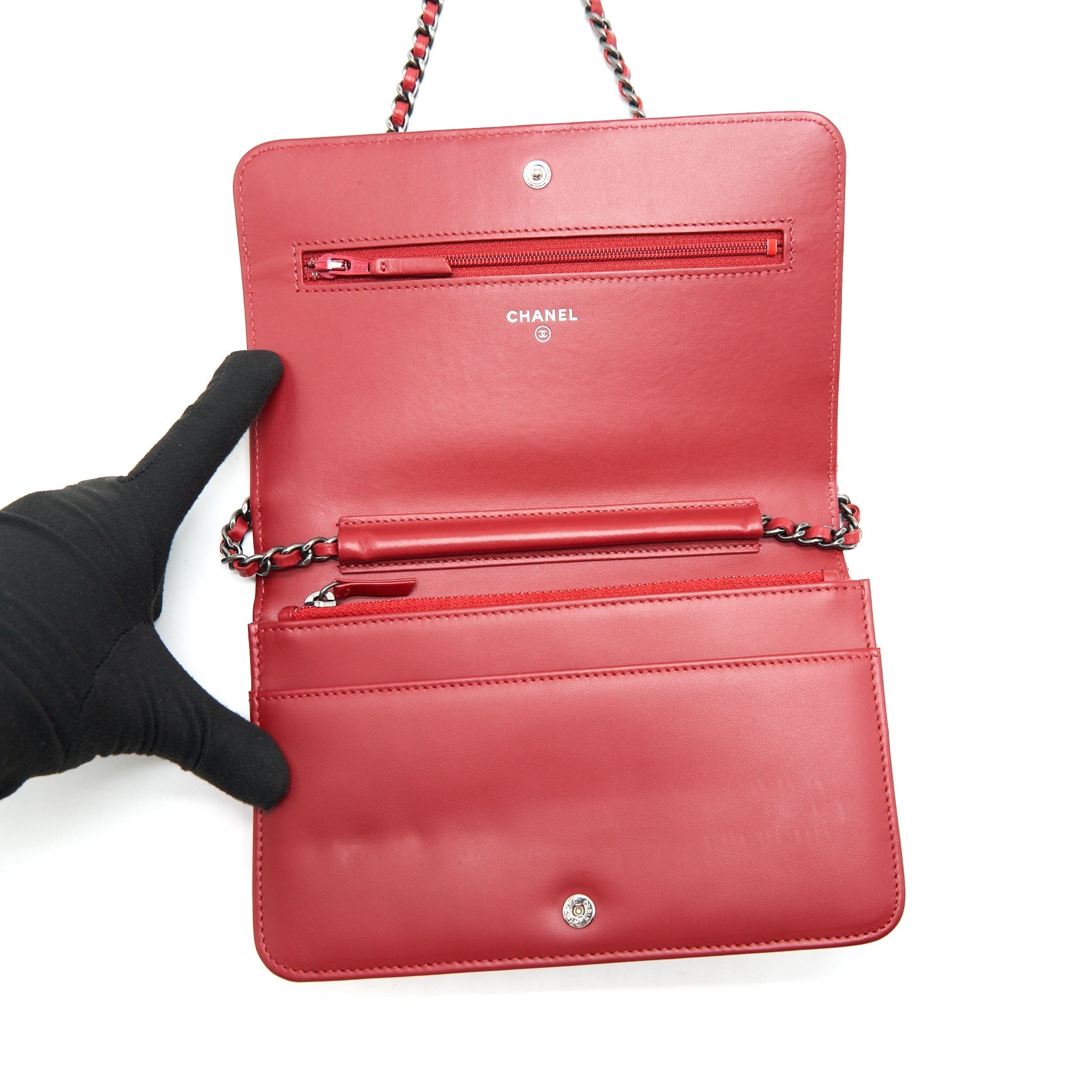 CHANEL WALLET ON CHAIN RED CALFSKIN RUTHENIUM HARDWARE