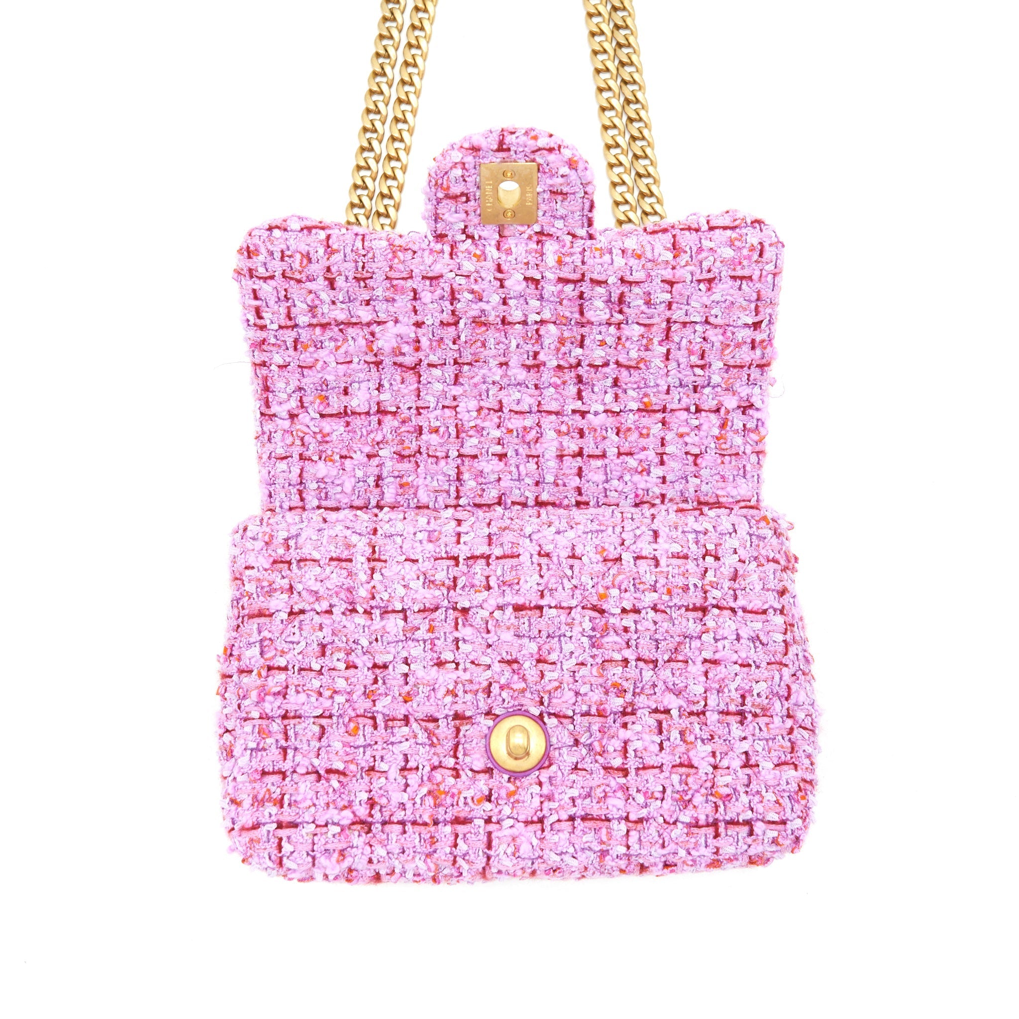 CHANEL 22P MINI SQUARE FLAP BAG TWEED PINK GOLD/PINK HARDWARE