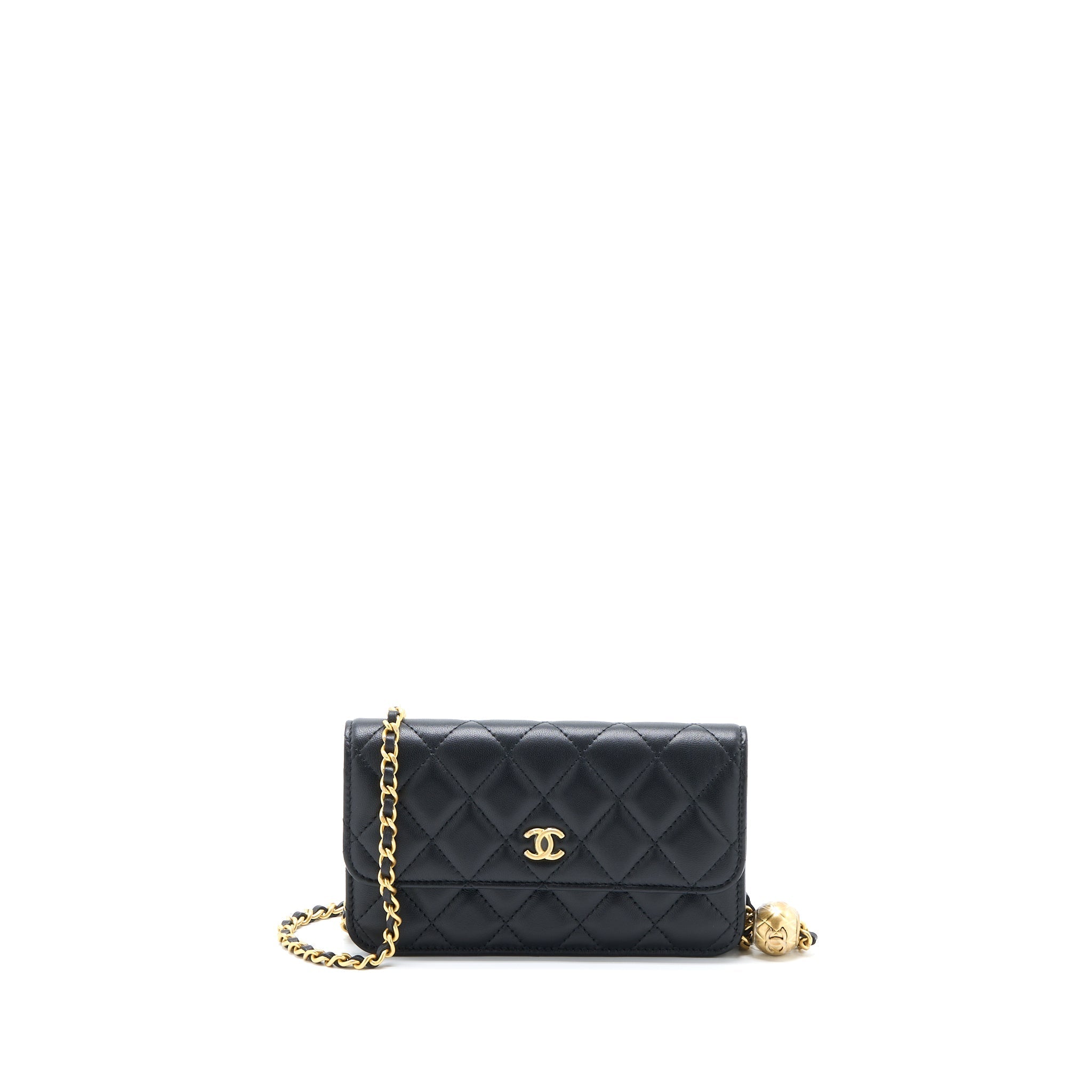 CHANEL PEARL CRUSH MINI WALLET ON CHAIN LAMBSKIN BLACK BRUSHED GHW (MICROCHIP)