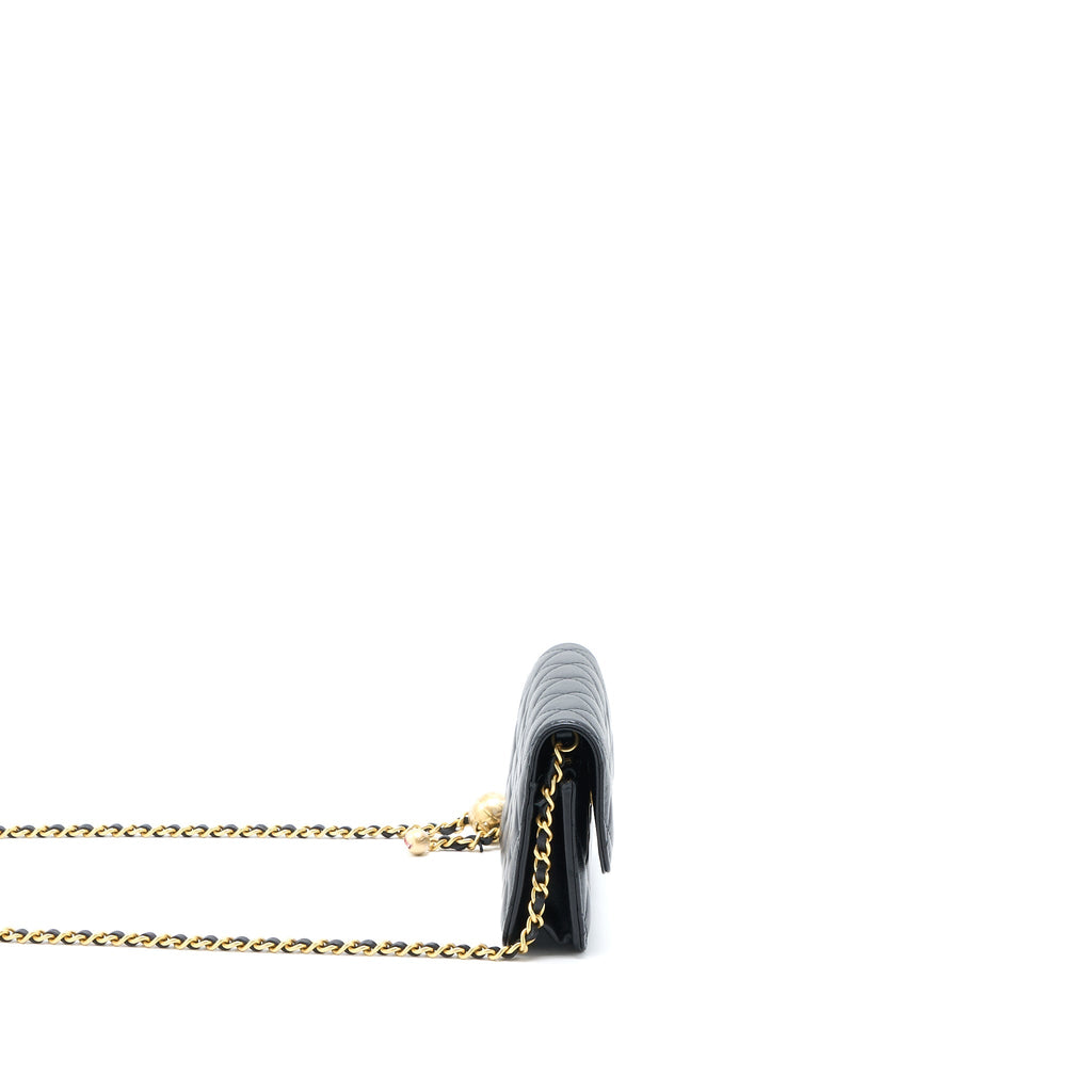 CHANEL PEARL CRUSH MINI WALLET ON CHAIN LAMBSKIN BLACK BRUSHED GHW (MICROCHIP)