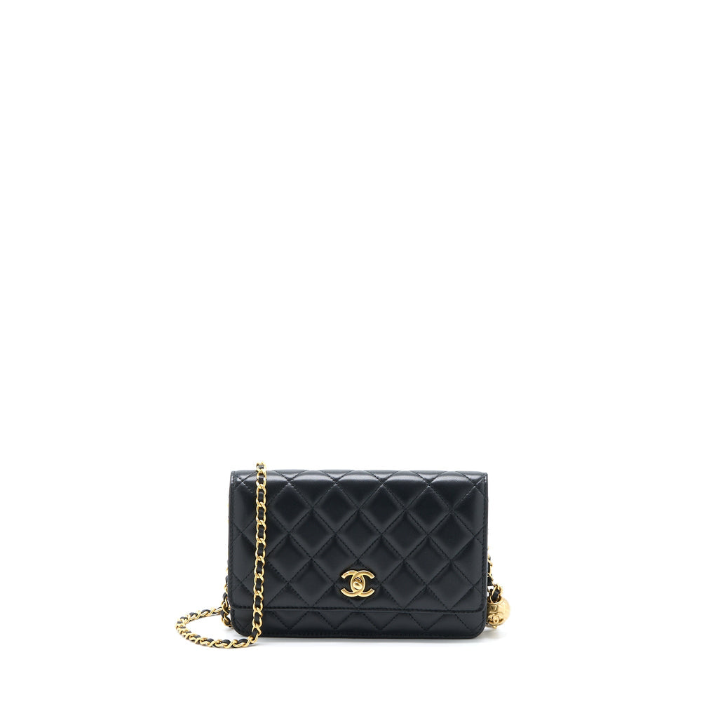 CHANEL PEARL CRUSH WALLET ON CHAIN LAMBSKIN BLACK GHW (MICROCHIP)